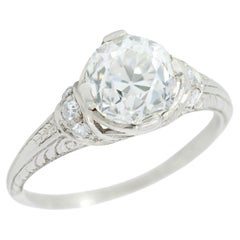 Bague de fiançailles Art Déco en platine GIA avec diamant gravé 1,52ct