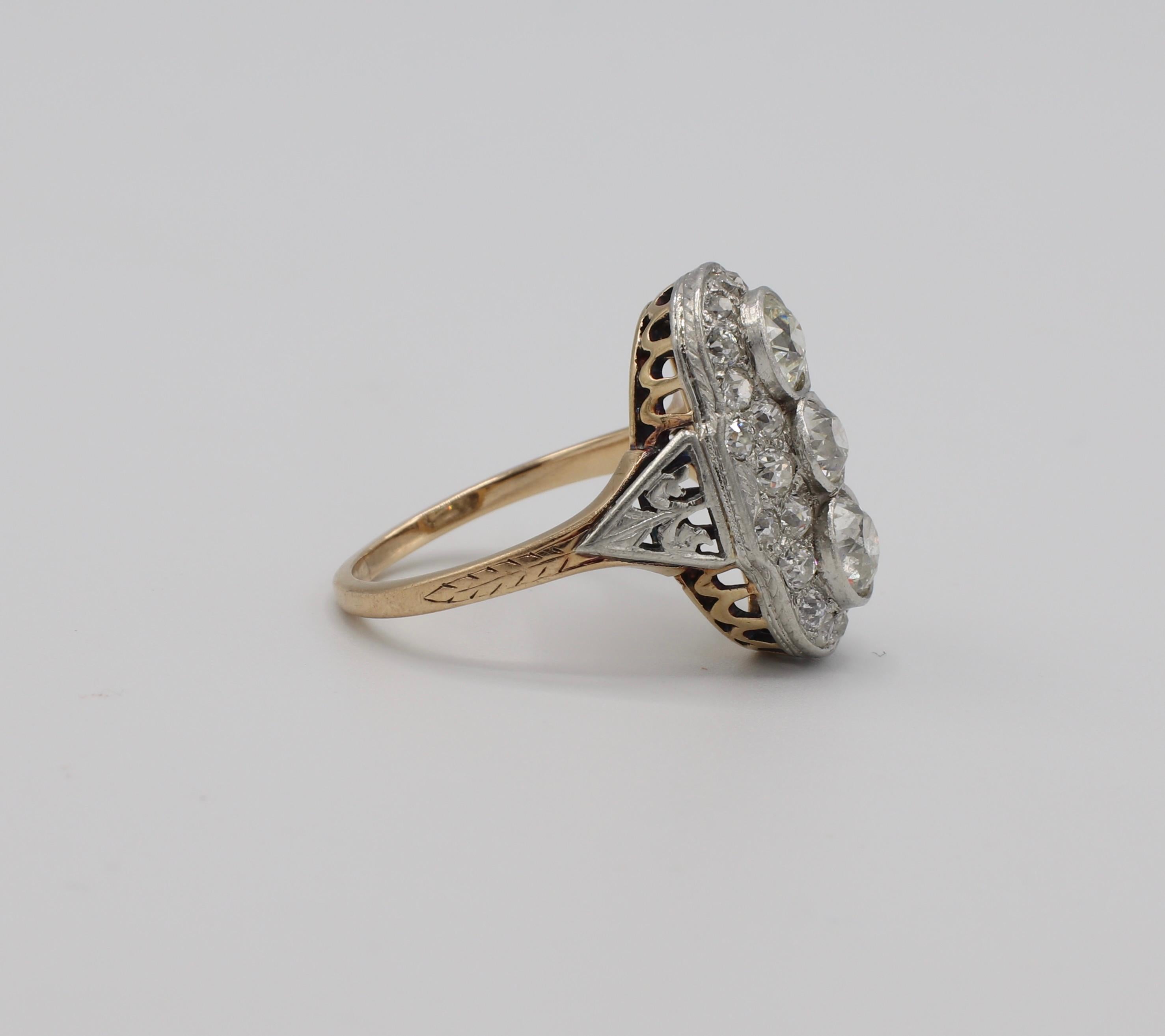 Art Deco Platinum and Gold 2.25 Carat Old European Cut Diamond Cocktail Ring In Good Condition In  Baltimore, MD