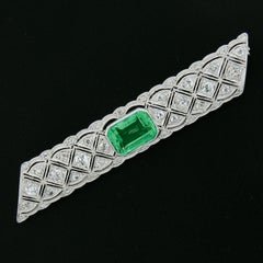 Art Deco Platinum & Gold 3.68ctw GIA Colombian Emerald Diamond Bar Pin Brooch