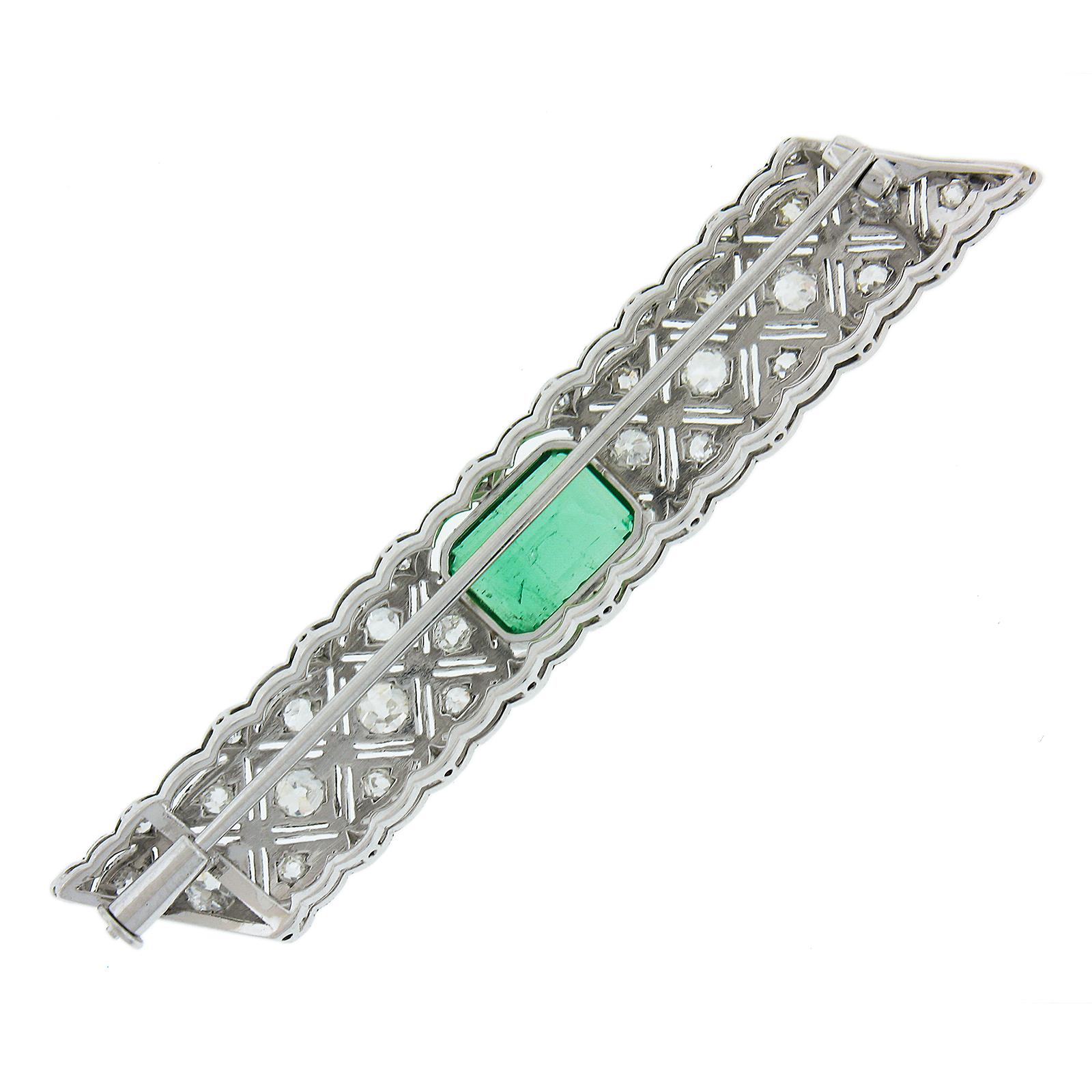 Octagon Cut Art Deco Platinum & Gold 3.68ctw GIA Colombian Emerald Diamond Bar Pin Brooch For Sale
