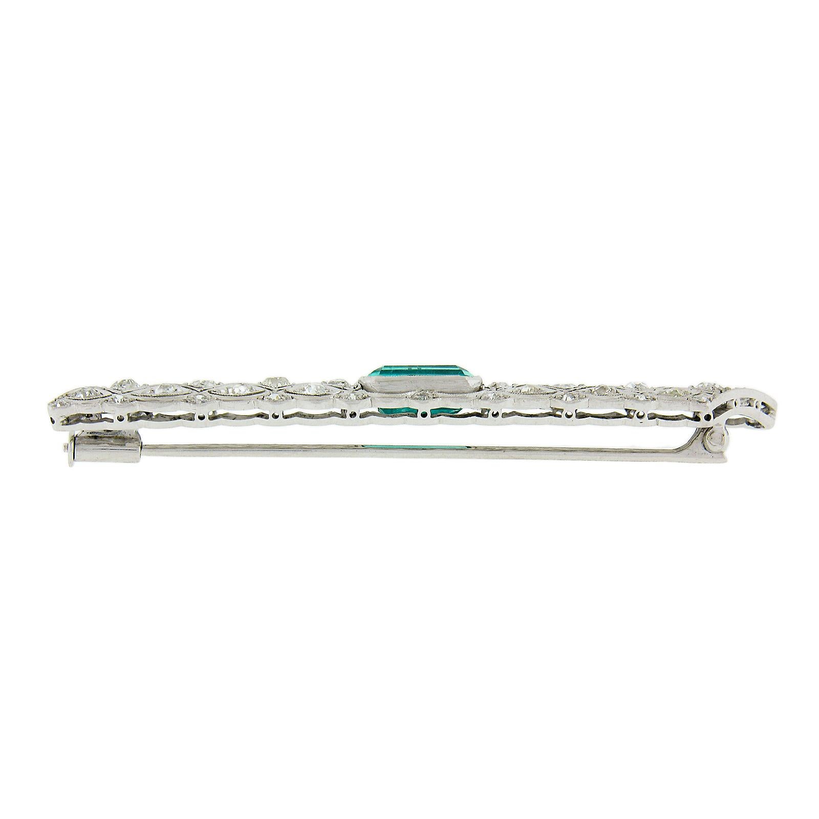 Women's or Men's Art Deco Platinum & Gold 3.68ctw GIA Colombian Emerald Diamond Bar Pin Brooch For Sale