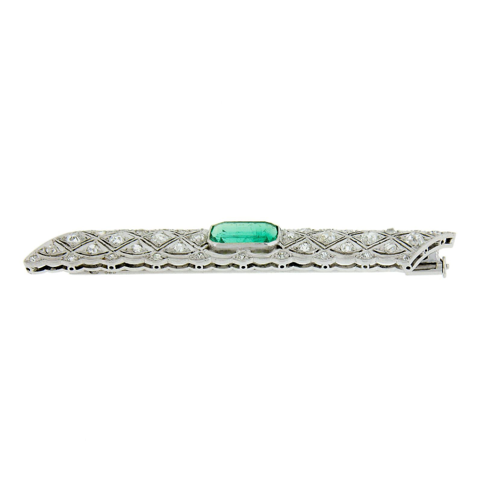 Art Deco Platinum & Gold 3.68ctw GIA Colombian Emerald Diamond Bar Pin Brooch For Sale 1