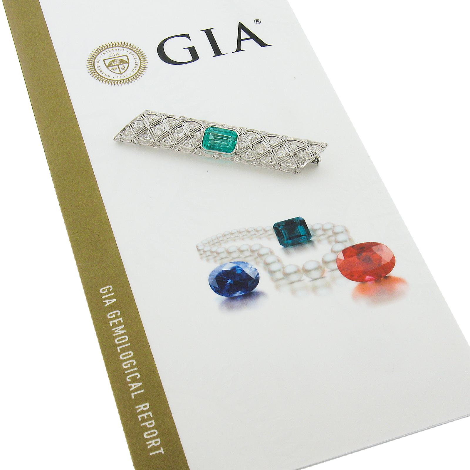 Art Deco Platin & Gold 3,68ctw GIA kolumbianischer Smaragd Diamant Bar Pin Brosche im Angebot 1