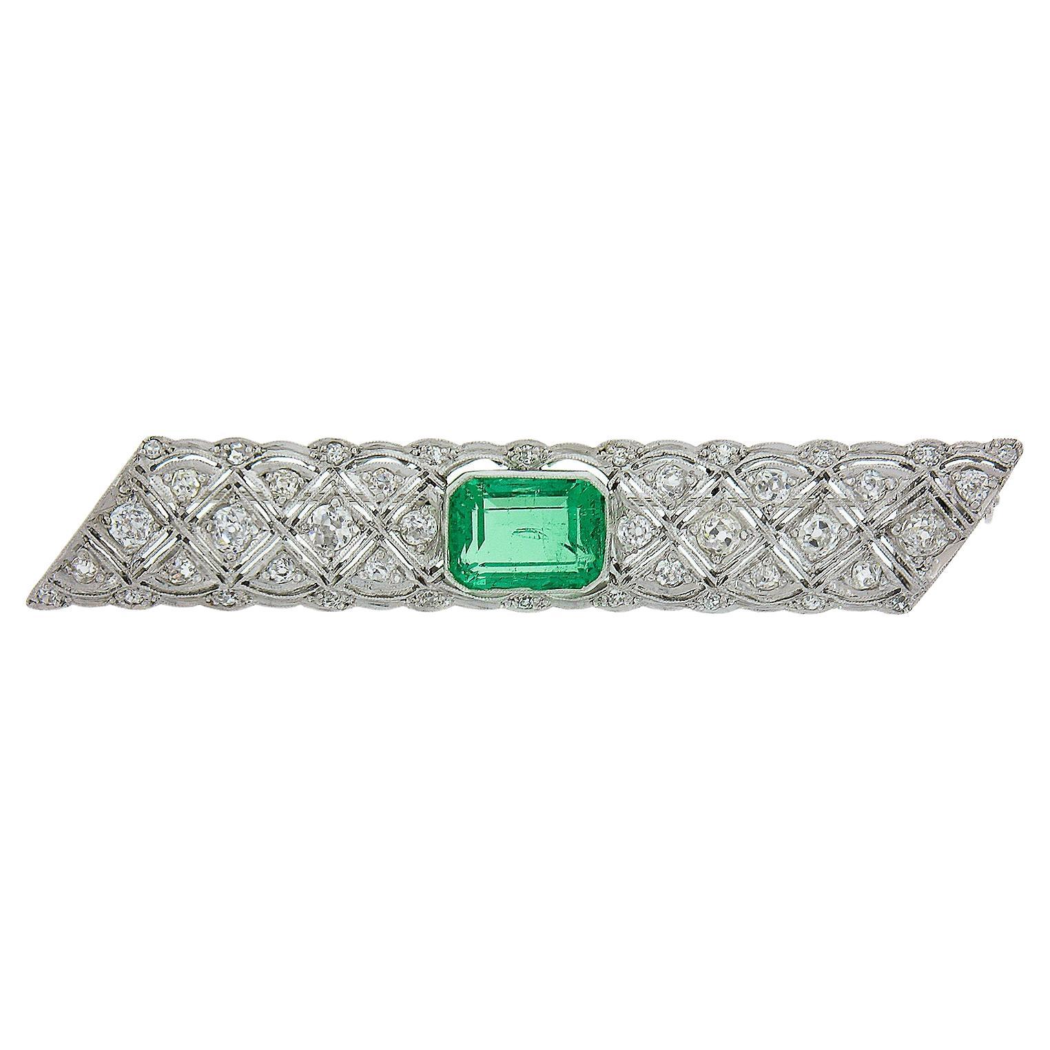 Art Deco Platinum & Gold 3.68ctw GIA Colombian Emerald Diamond Bar Pin Brooch For Sale