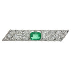 Art Deco Platinum & Gold 3.68ctw GIA Colombian Emerald Diamond Bar Pin Brooch