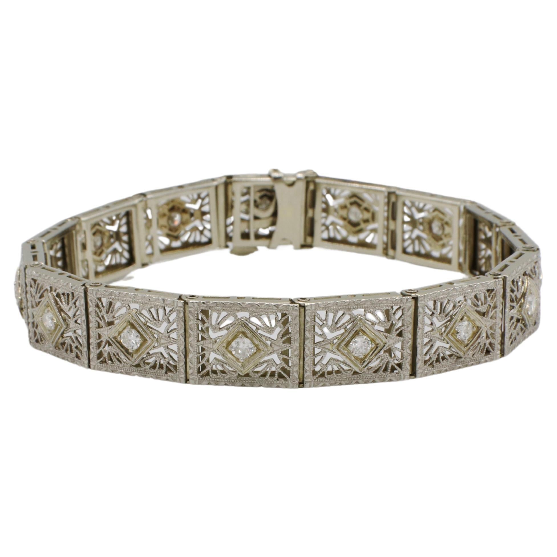 Art Deco Platinum & Gold Filigree Natural Diamond Link Line Bracelet