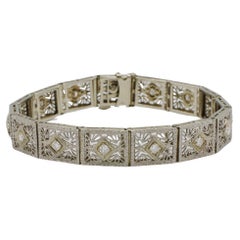 Art Deco Platinum & Gold Filigree Natural Diamond Link Line Bracelet