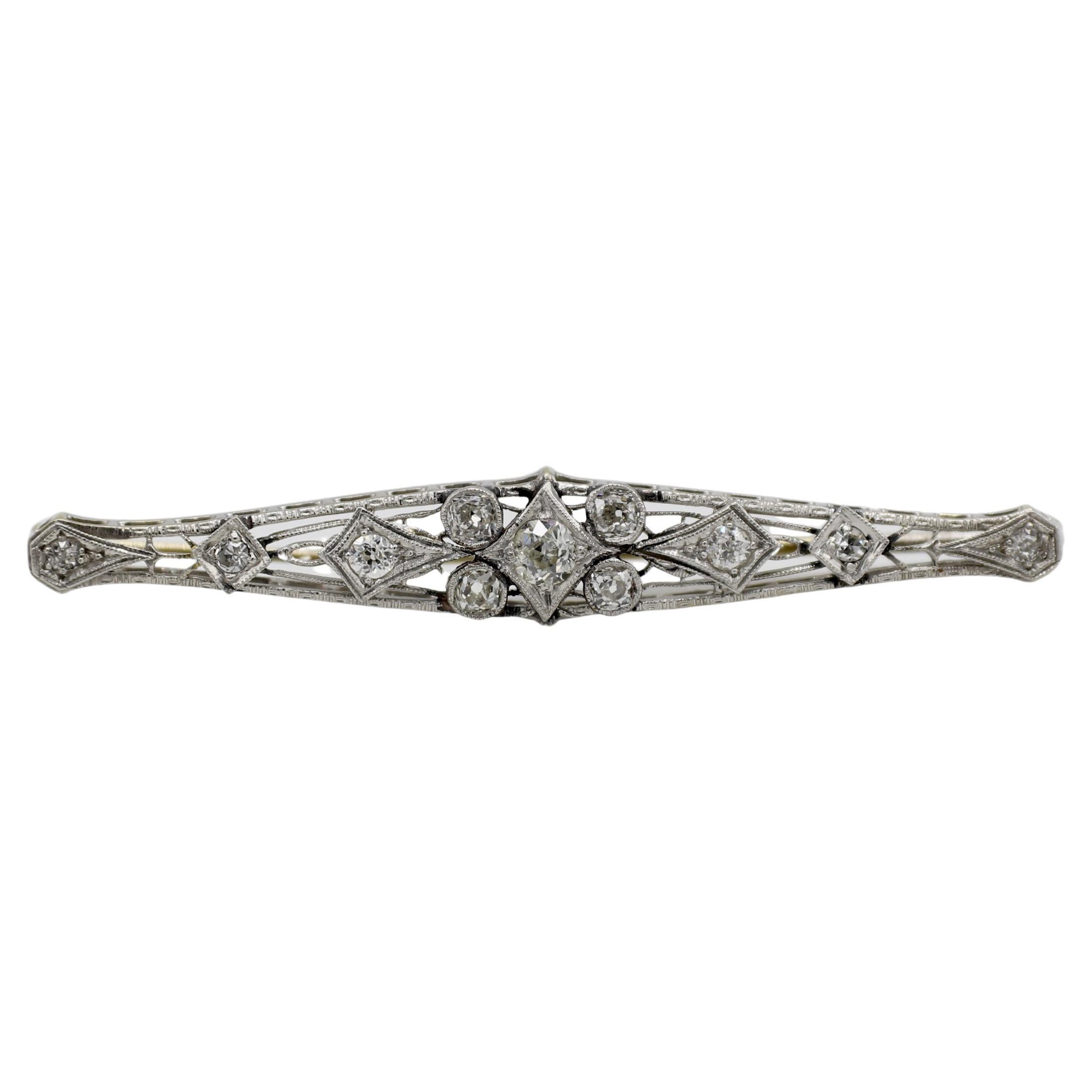 Art Deco Platin & Gold Old European Mine Cut Natural Diamond Bar Pin Brosche