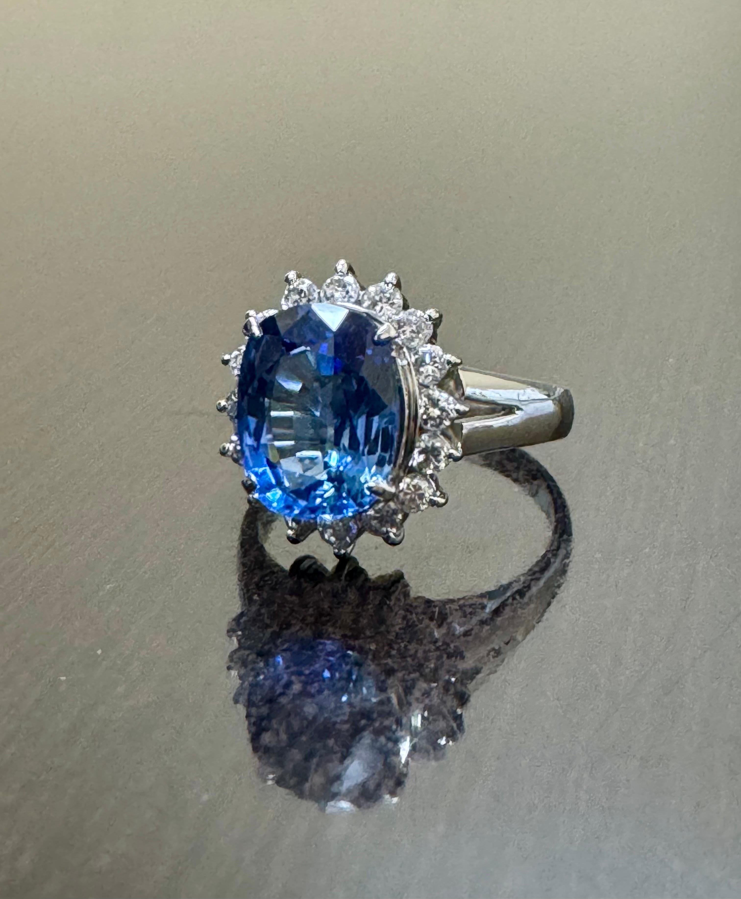 Art Deco Platinum Halo Diamond Oval 3.75 Carat Blue Sapphire Engagement Ring For Sale 5
