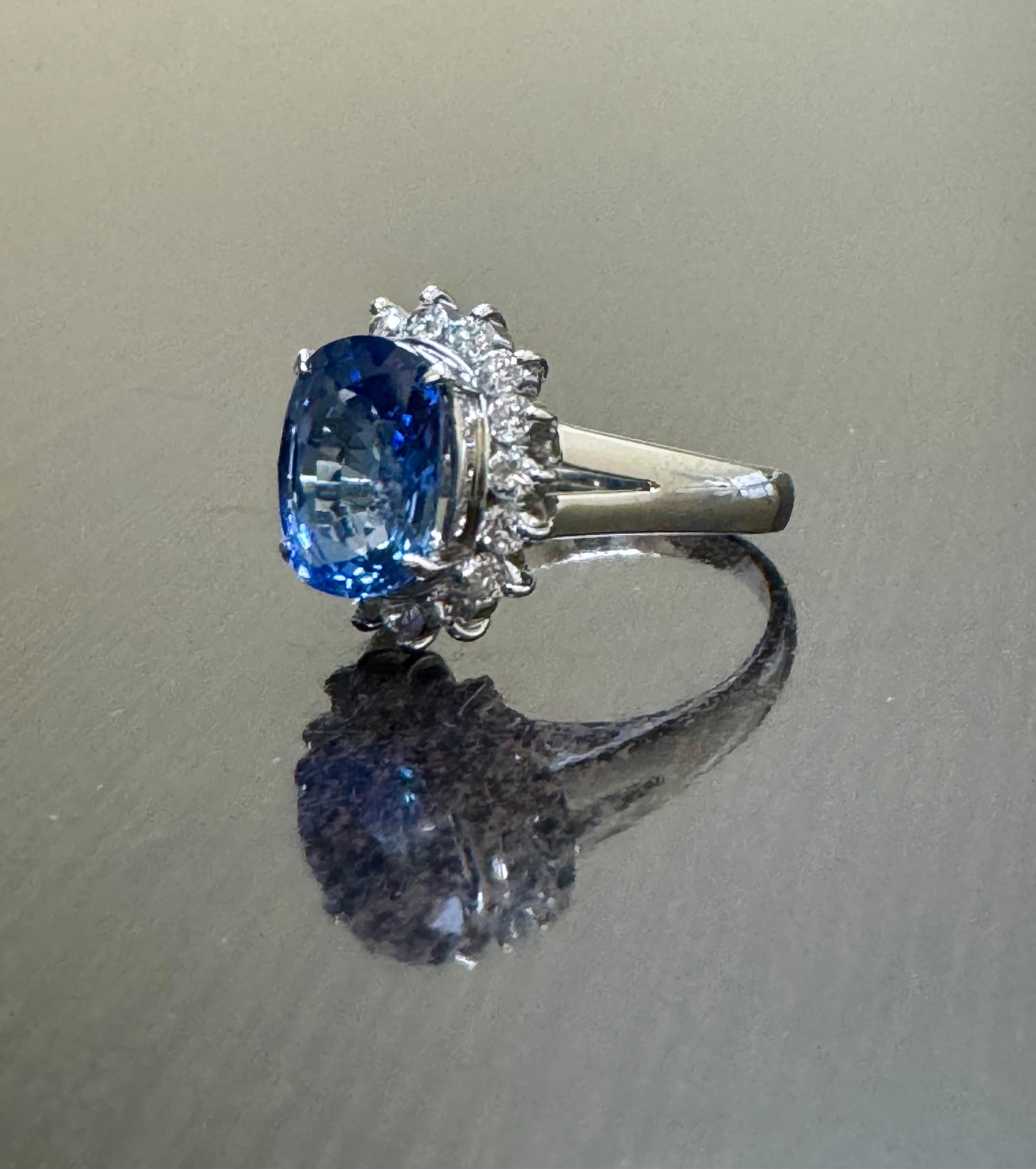 Art Deco Platinum Halo Diamond Oval 3.75 Carat Blue Sapphire Engagement Ring For Sale 6