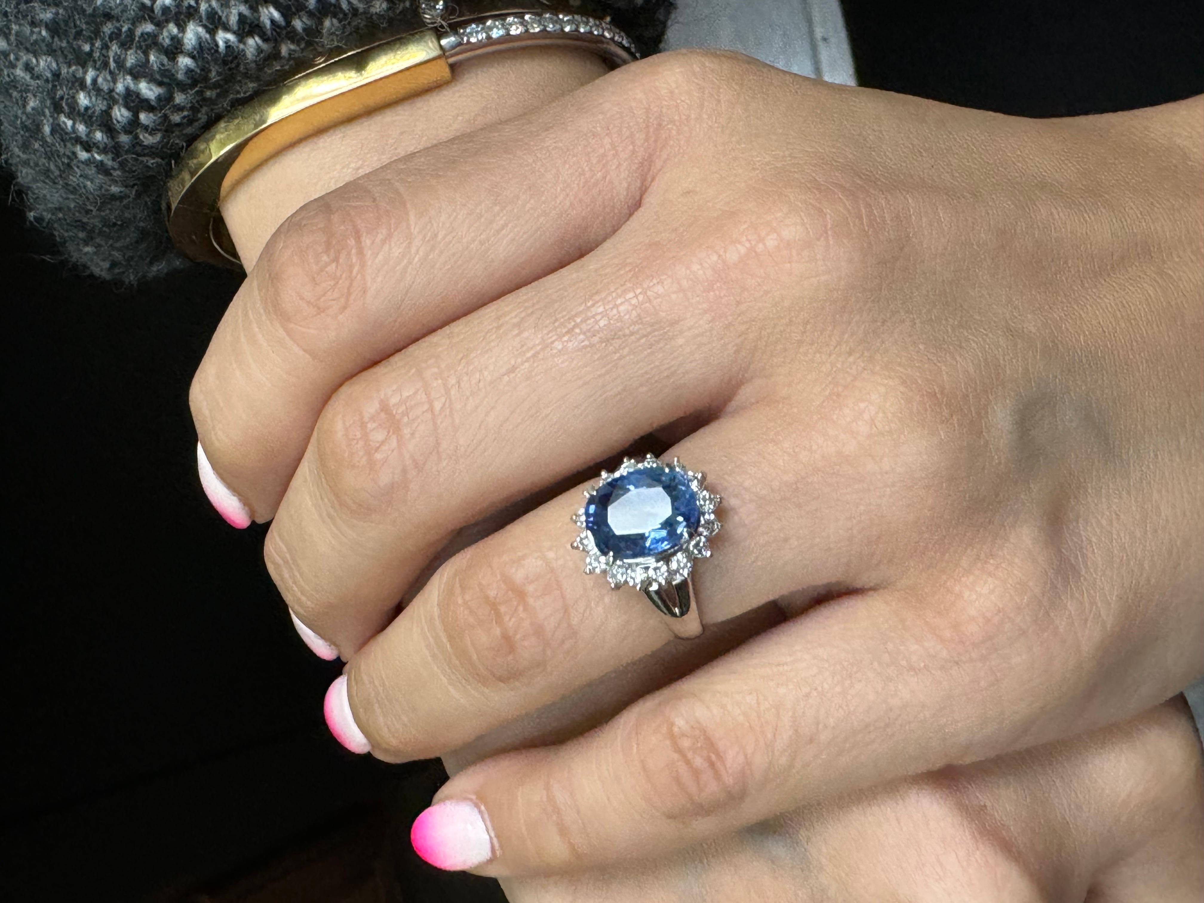 Art Deco Platinum Halo Diamond Oval 3.75 Carat Blue Sapphire Engagement Ring For Sale 9