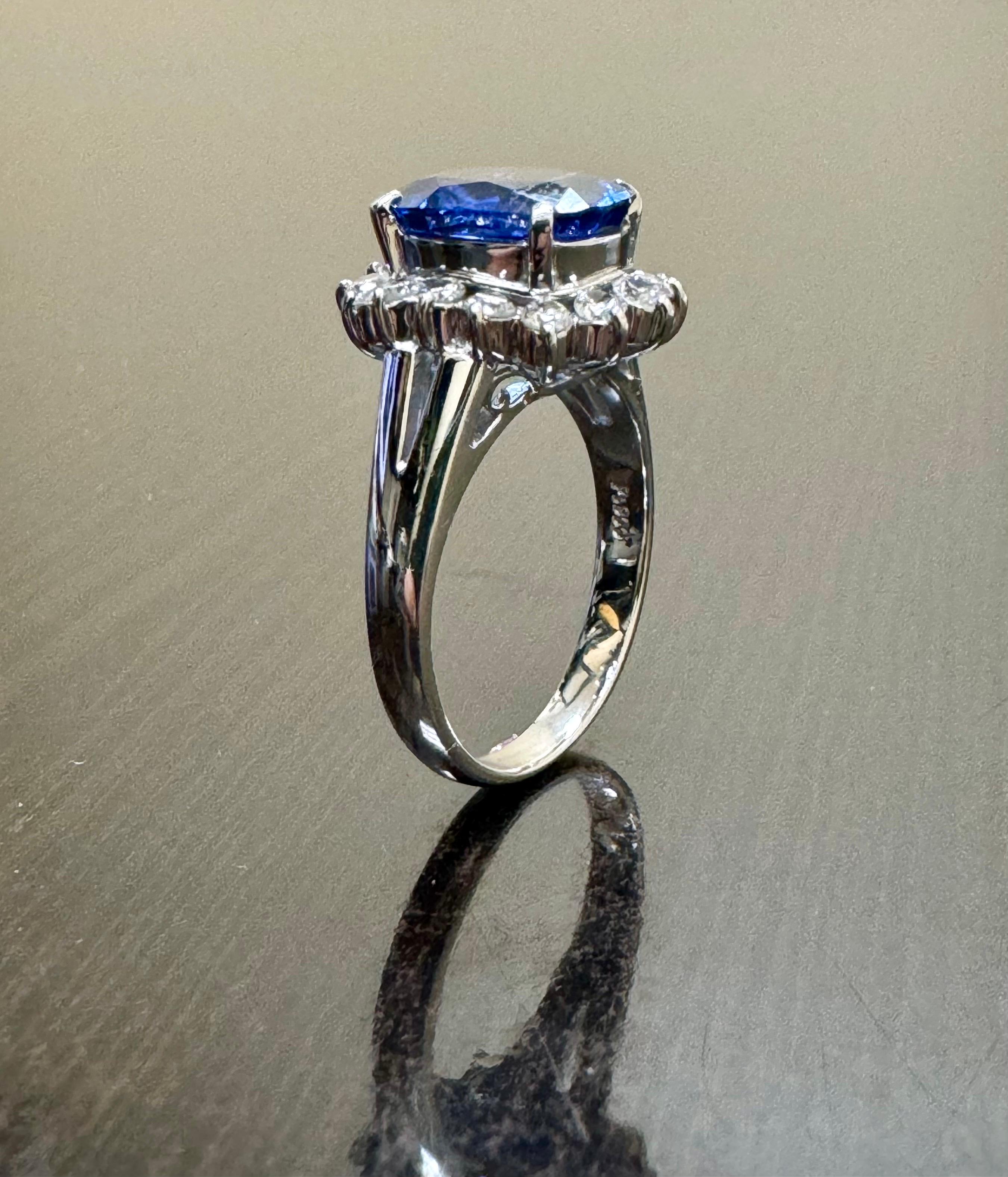 Oval Cut Art Deco Platinum Halo Diamond Oval 3.75 Carat Blue Sapphire Engagement Ring For Sale