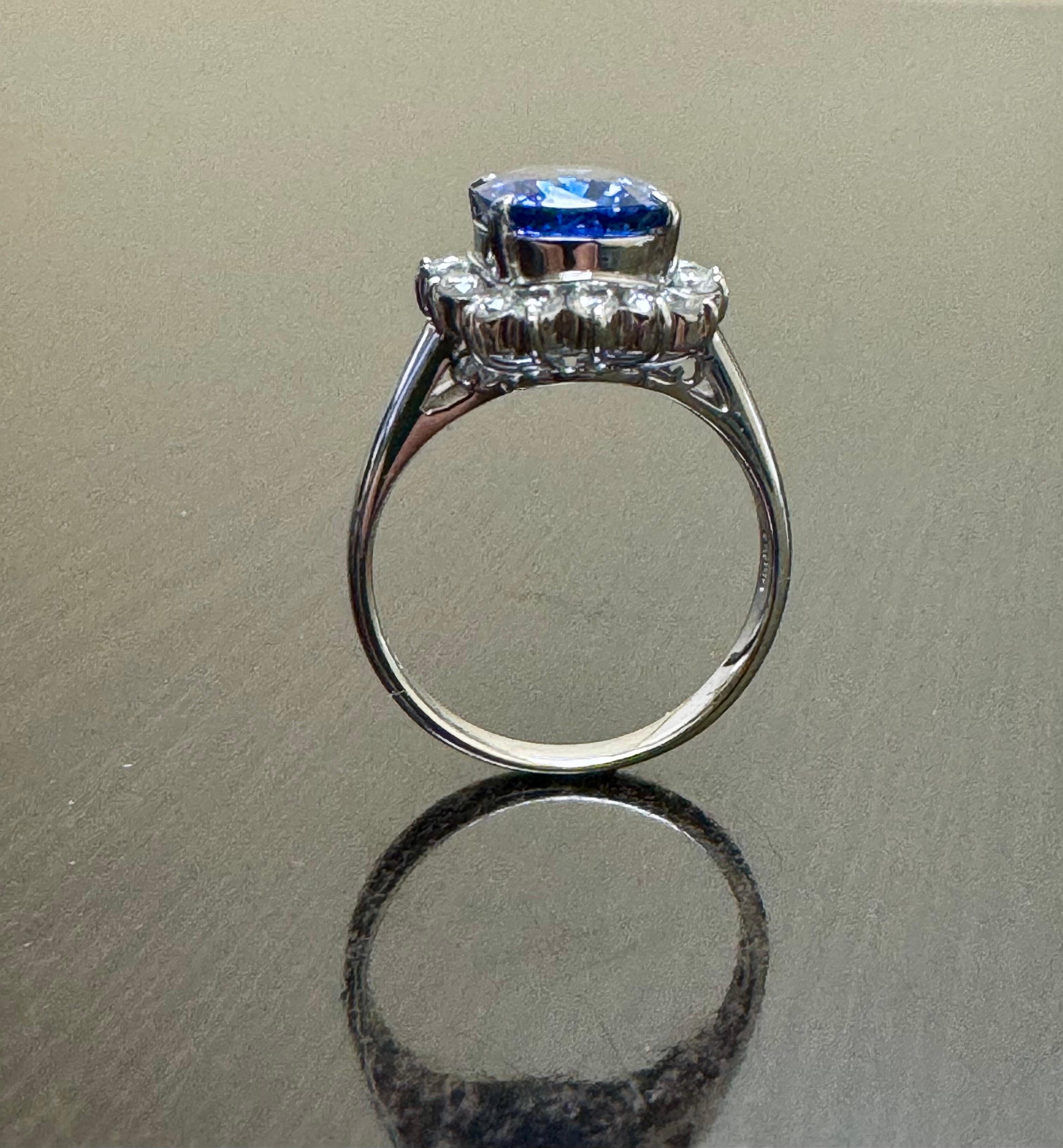Art Deco Platinum Halo Diamond Oval 3.75 Carat Blue Sapphire Engagement Ring In New Condition For Sale In Los Angeles, CA