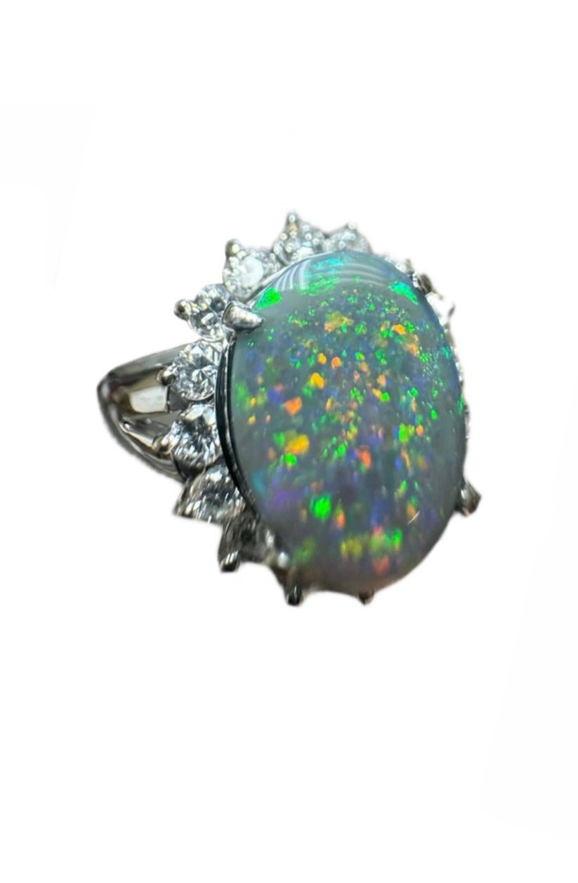 Art Deco Platinum Halo Diamond Oval Black Opal Engagement Ring In New Condition For Sale In Los Angeles, CA