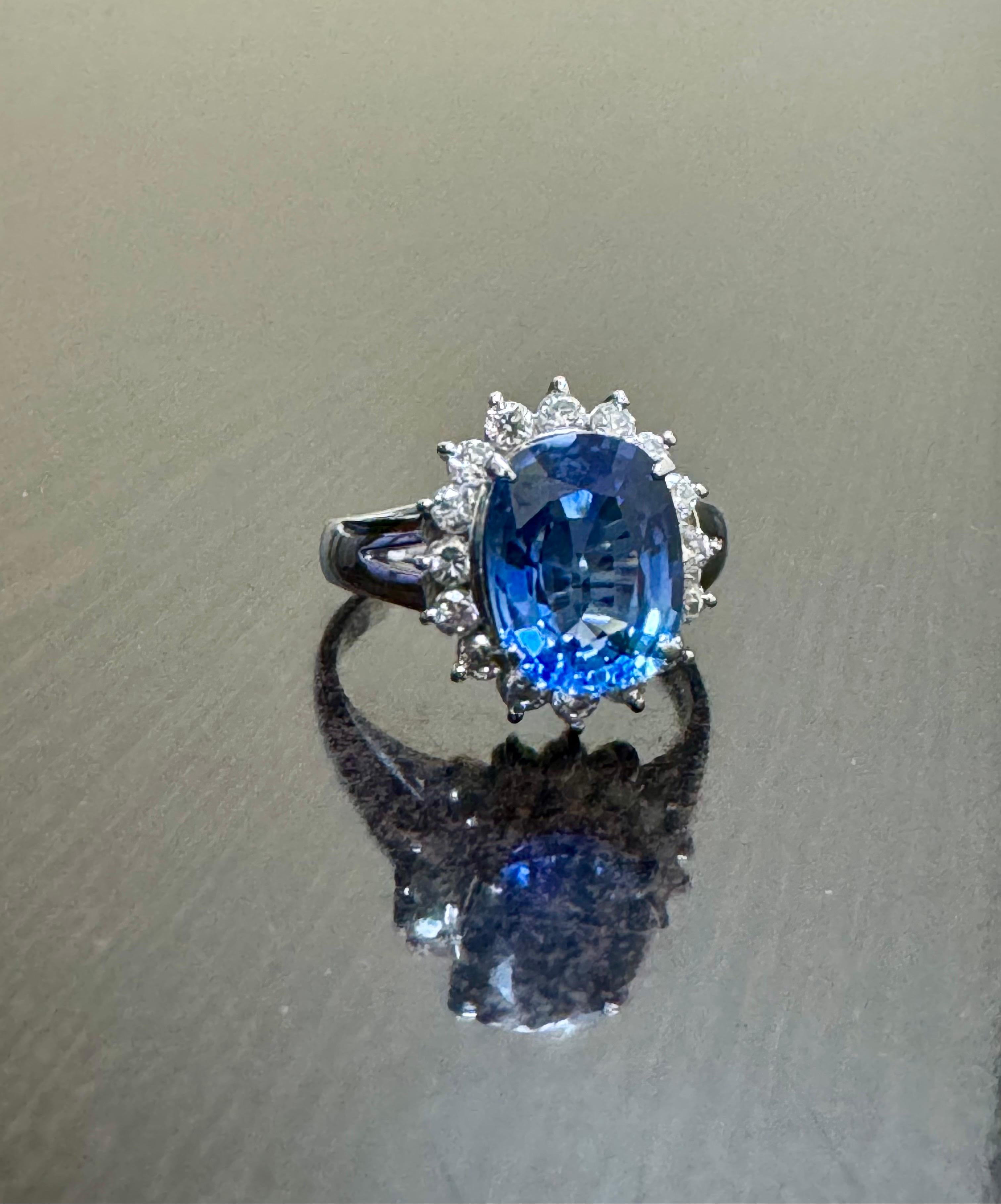 Art Deco Platinum Halo Diamond Oval 3.75 Carat Blue Sapphire Engagement Ring For Sale 1