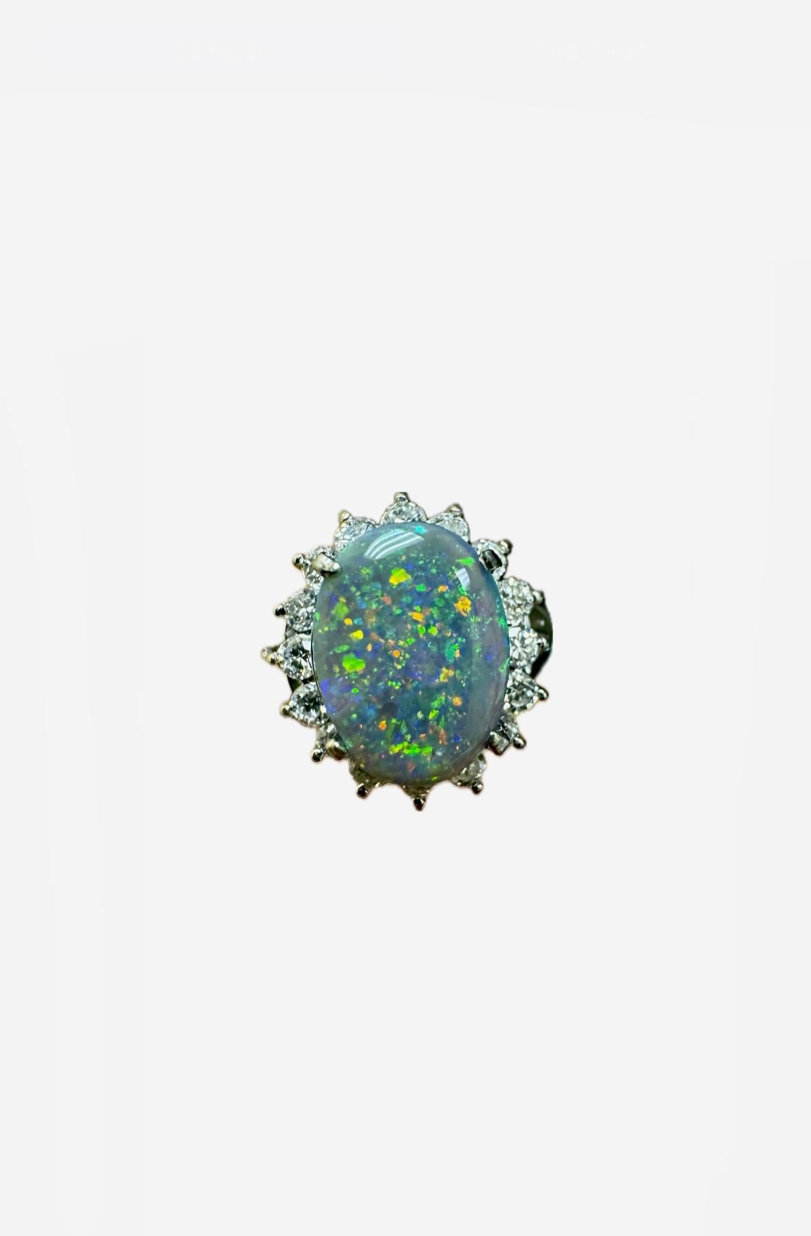 Art Deco Platinum Halo Diamond Oval Black Opal Engagement Ring For Sale 1