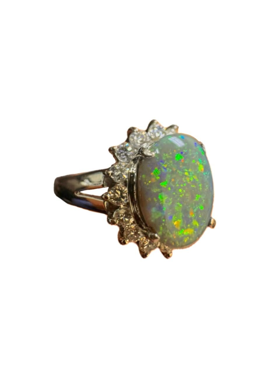 Art Deco Platinum Halo Diamond Oval Black Opal Engagement Ring For Sale 2