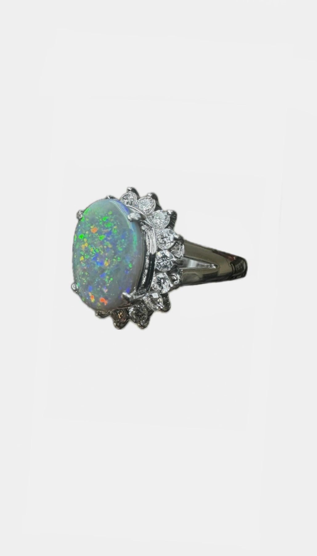 Art Deco Platinum Halo Diamond Oval Black Opal Engagement Ring For Sale 3