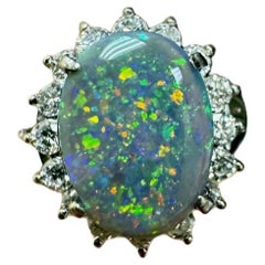 Art Deco Platinum Halo Diamond Oval Black Opal Engagement Ring