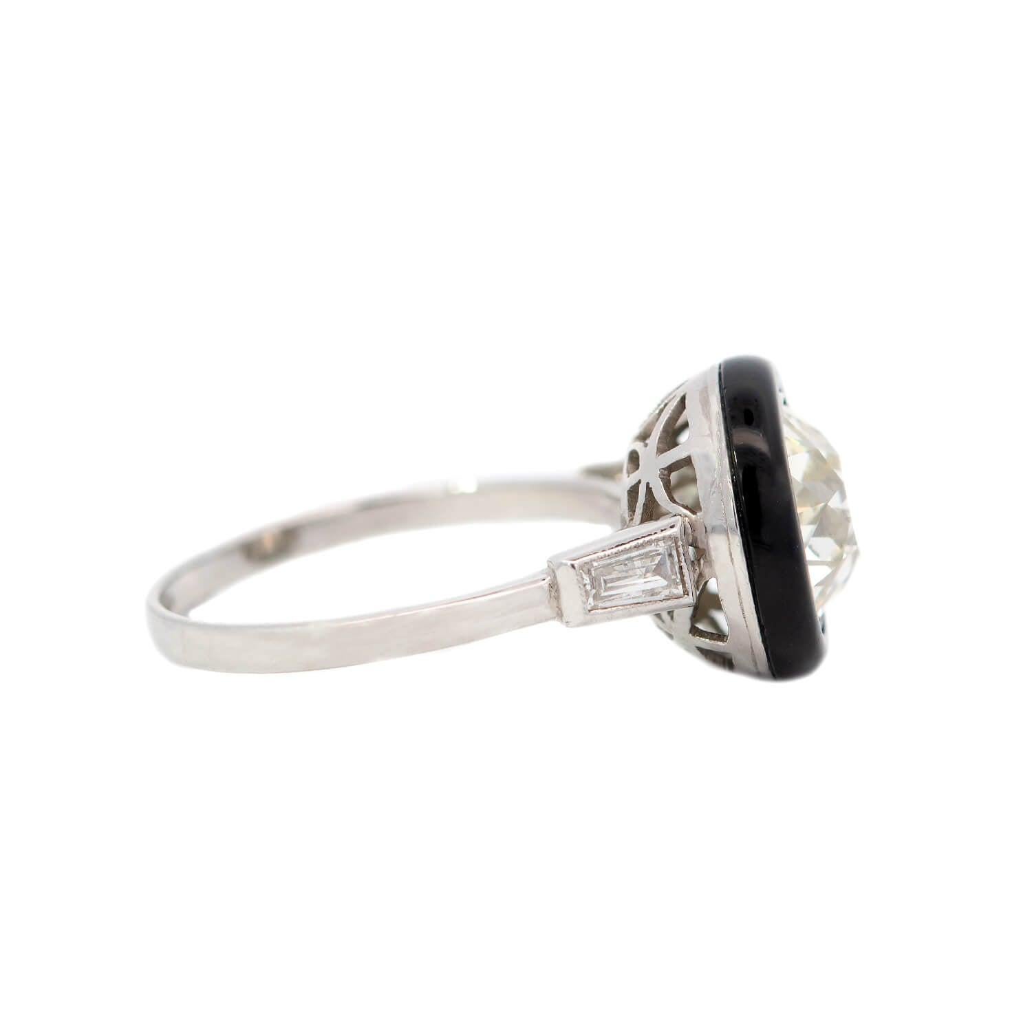 Old Mine Cut Art Deco Platinum Halo Onyx and Diamond Ring For Sale