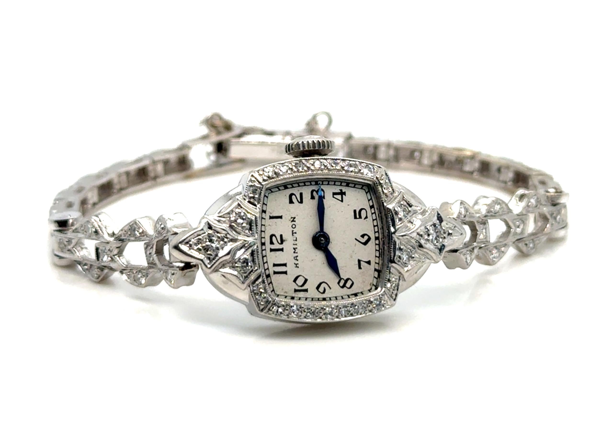 Art Deco Platinum Hamilton Ladies Wrist Watch 1ct Mined Diamond Original 1937 Excellent état - En vente à Dearborn, MI