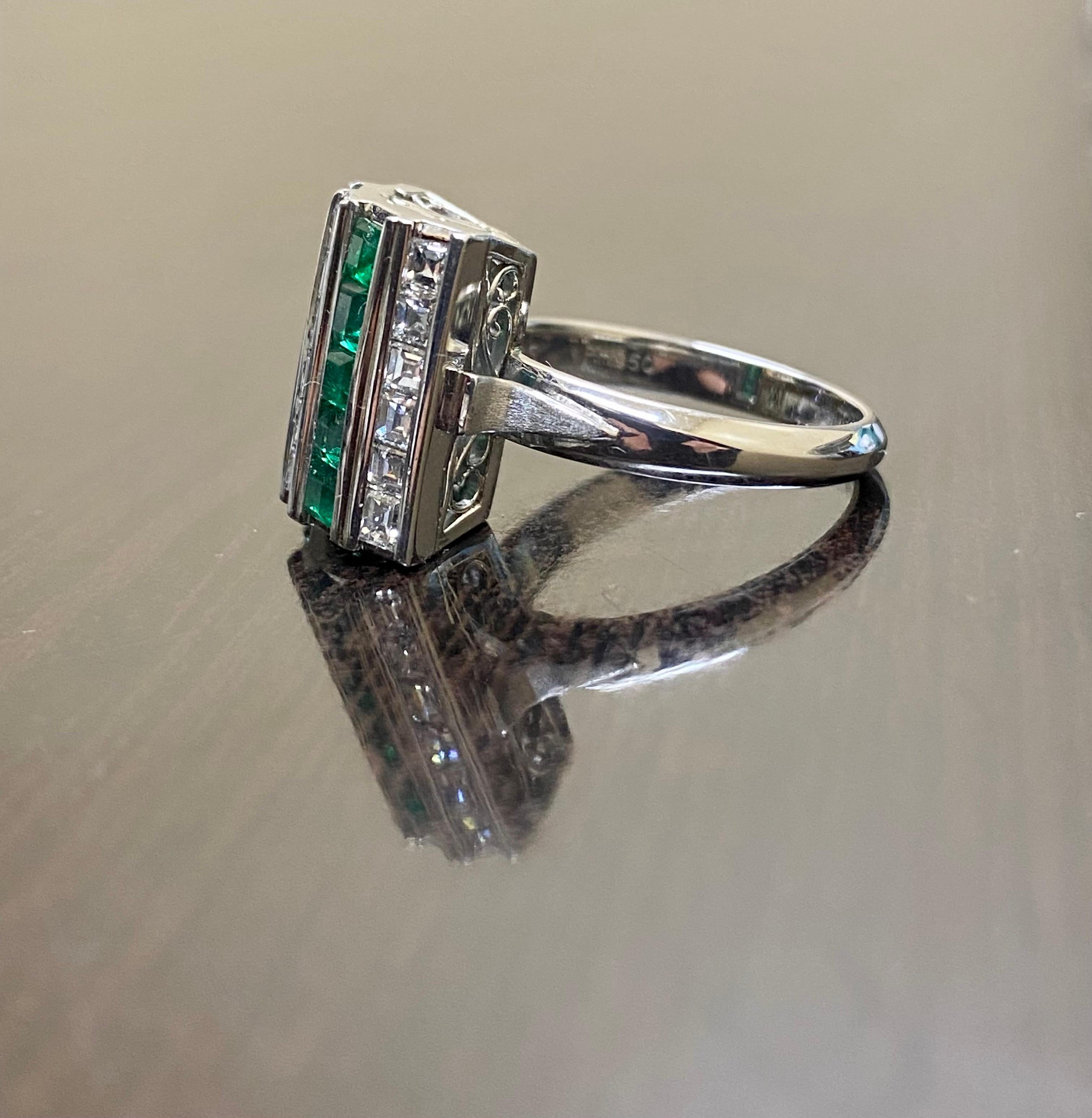 DeKara Design Collection

Metal- 85% Platinum 15% Iridium.

Stones-  10 Square Colombian Emeralds 0.74 Carats.  18 Square Baguette Diamonds F-G Color VS1-VS2 Clarity 0.86 Carats.

One of a Kind Platinum Diamond and Colombian Emerald Cocktail Ring. 