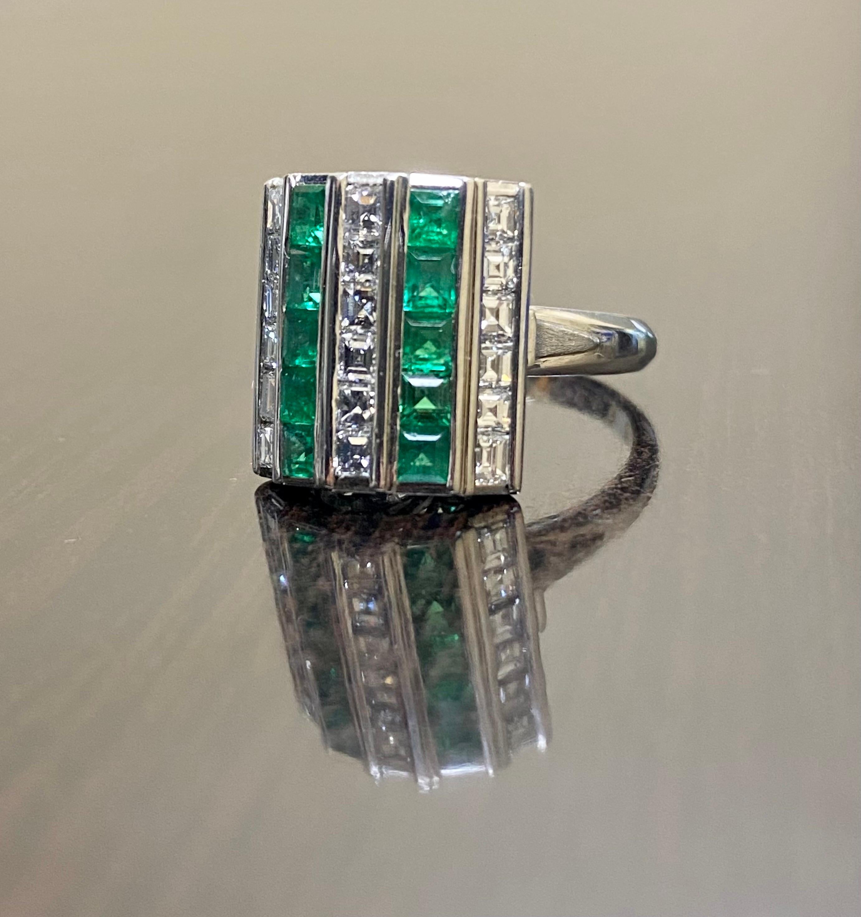 Emerald Cut Art Deco Platinum Handmade Diamond Colombian Emerald Cocktail Ring For Sale
