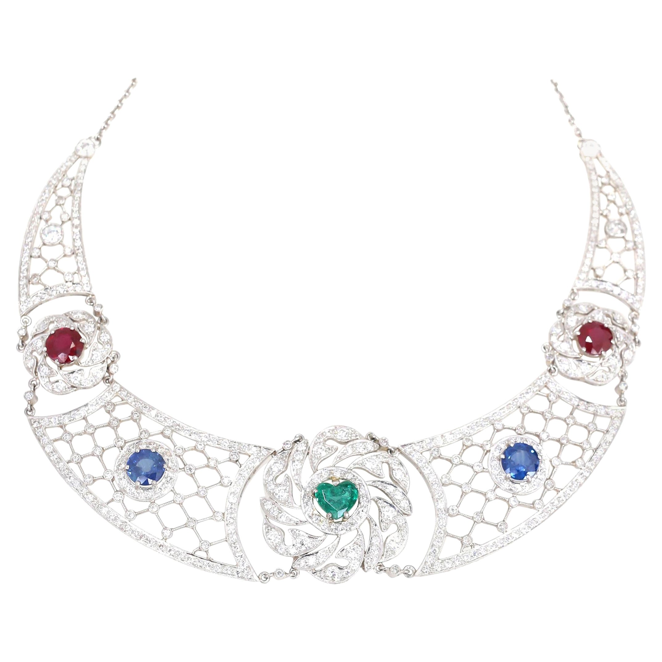 Art Deco Platinum Heart-Shaped Emerald Sapphires Rubies Diamond Necklace, 1920