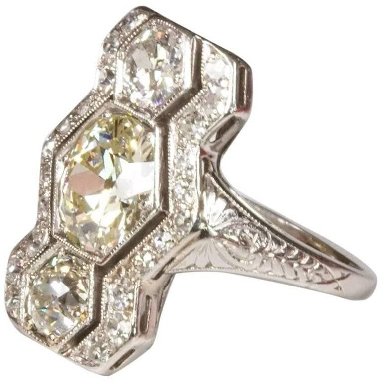 Art Deco 3.01 Carat Diamond Platinum Hexagon Ring For Sale