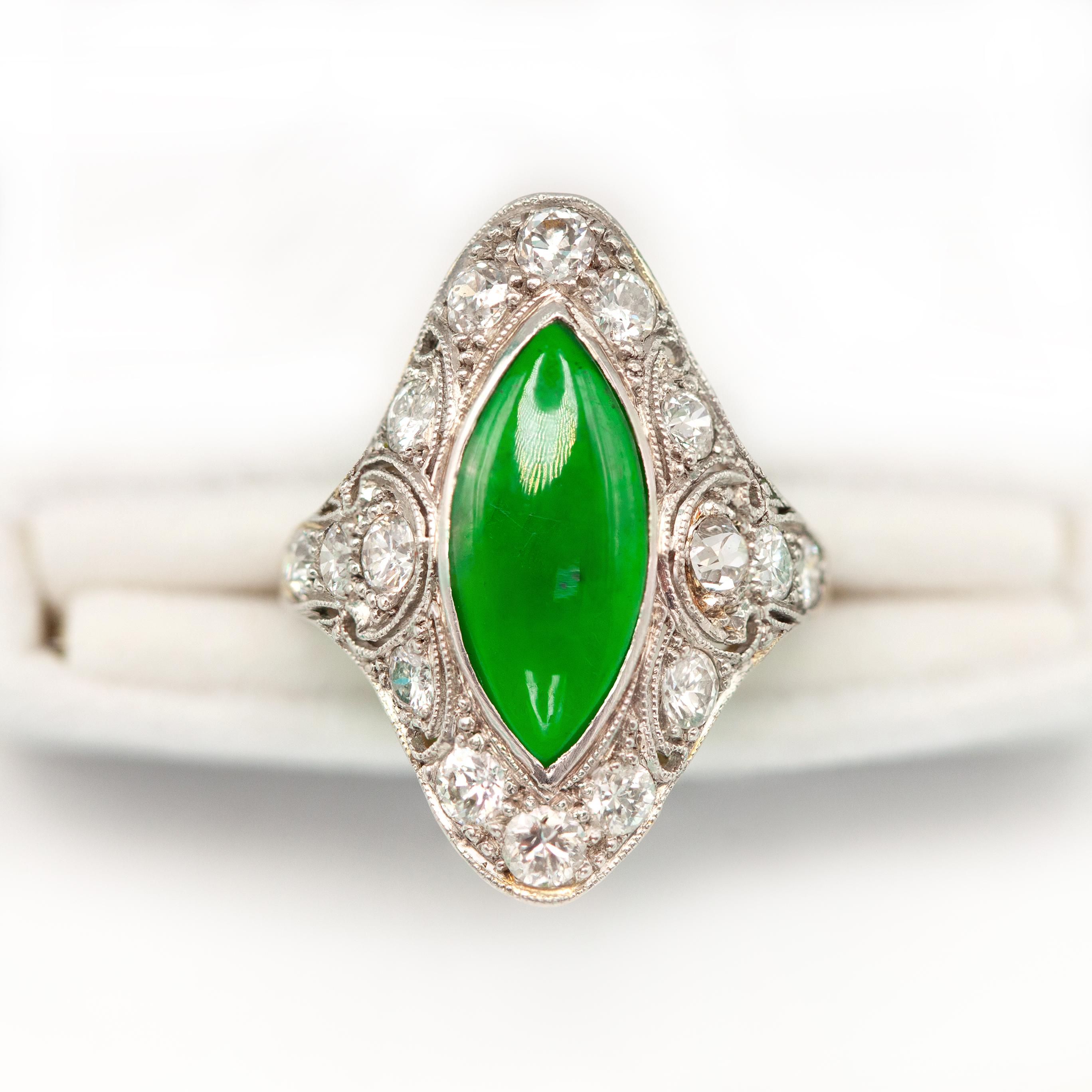 Old European Cut Art Deco Platinum Jade and Diamond Ring, circa 1920s For Sale
