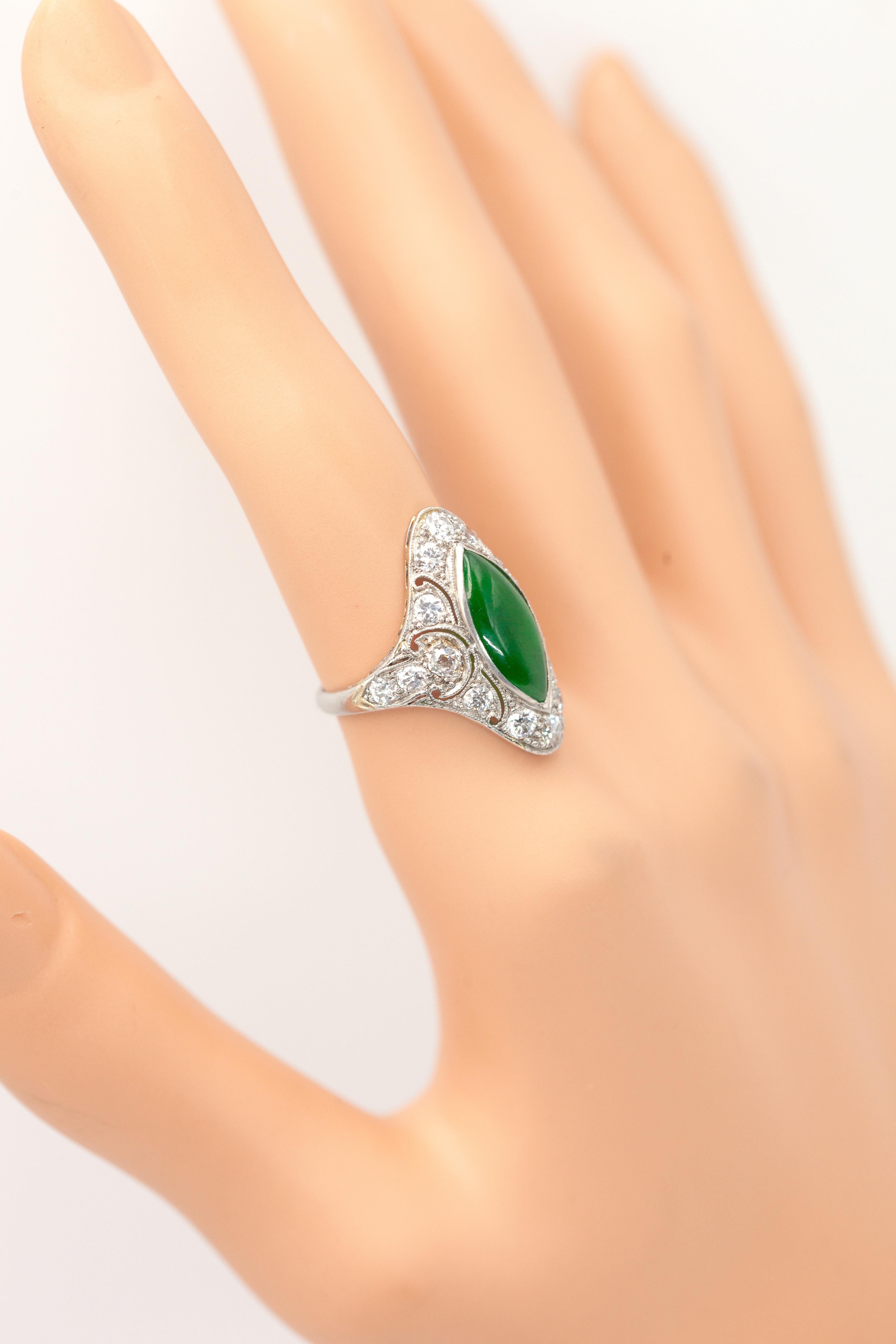 Women's or Men's Art Deco Platinum Jade and Diamond Ring, circa 1920s For Sale