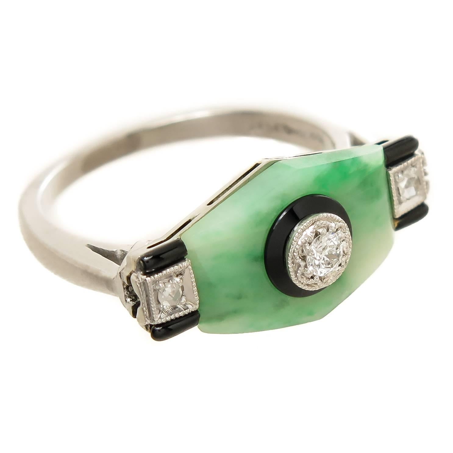 Art Deco Platinum Jade Diamond and Onyx Ring