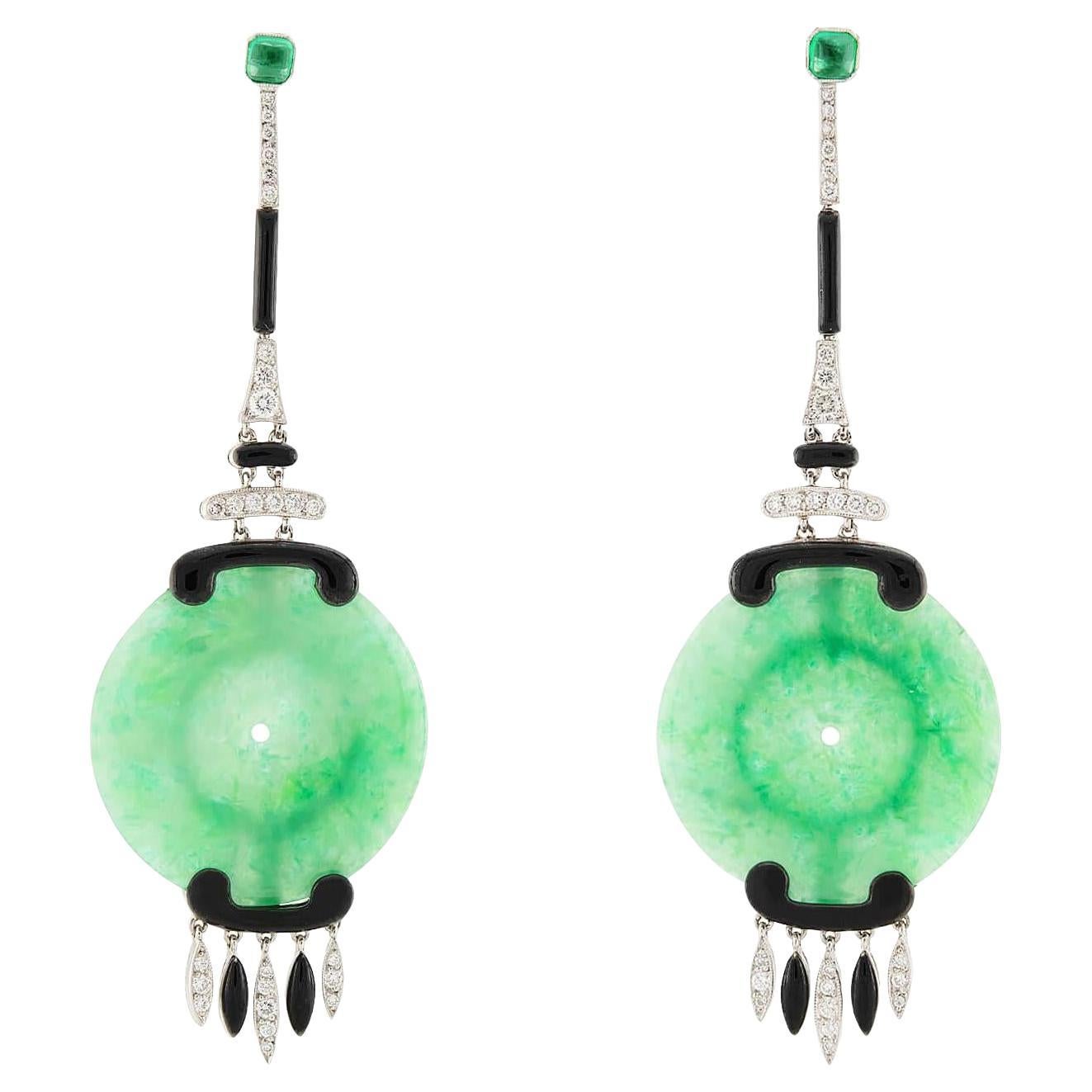 Art Deco Platinum Jade, Diamond, Emerald, and Enamel Disc Earrings