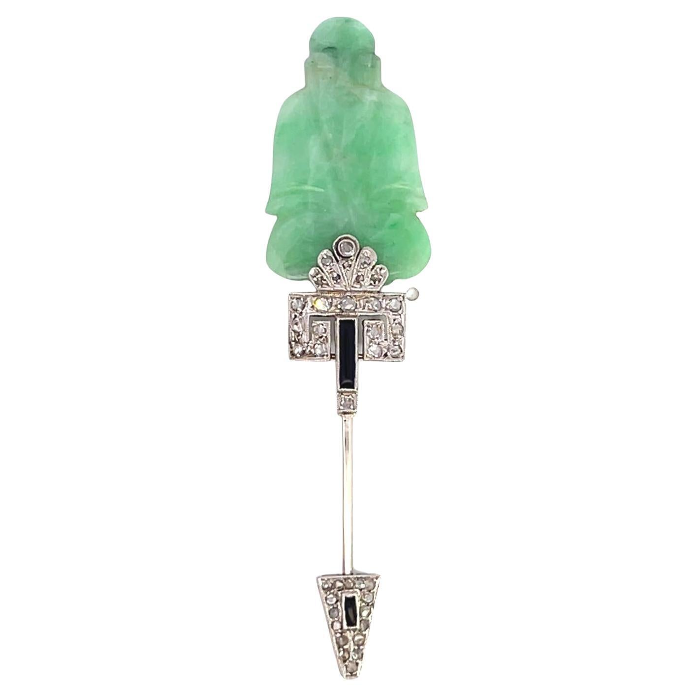 Art Deco Platinum Jade Diamond Jabot Pin