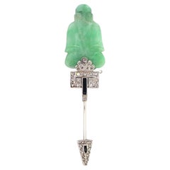 Art Deco Platinum Jade Diamond Jabot Pin