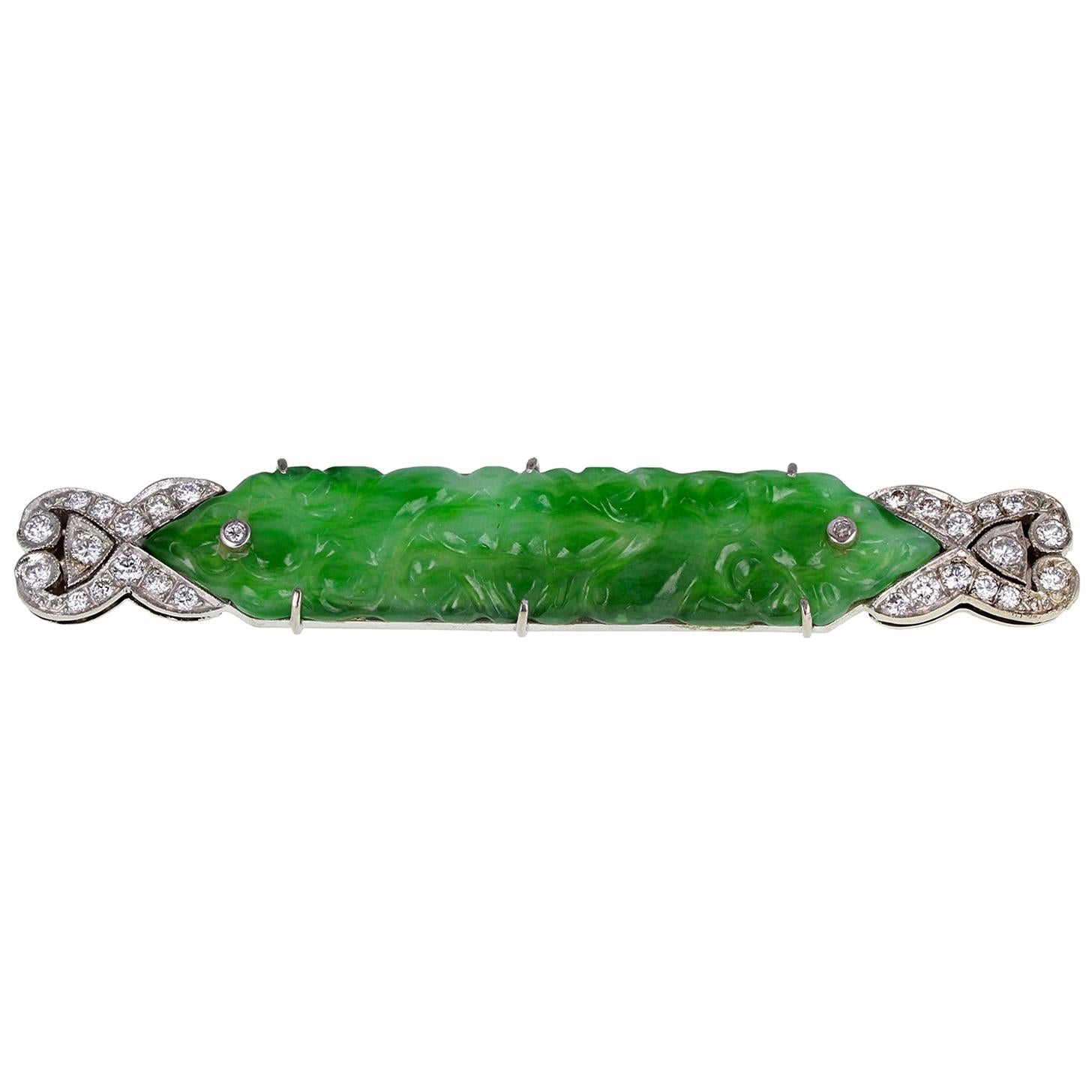 Art Deco Platinum Jadeite and Diamond Bar Brooch