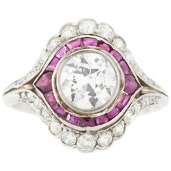 Vintage Art Deco Platinum Ladies Ring with 1.50 Carat Diamond and Rubies, 1930s