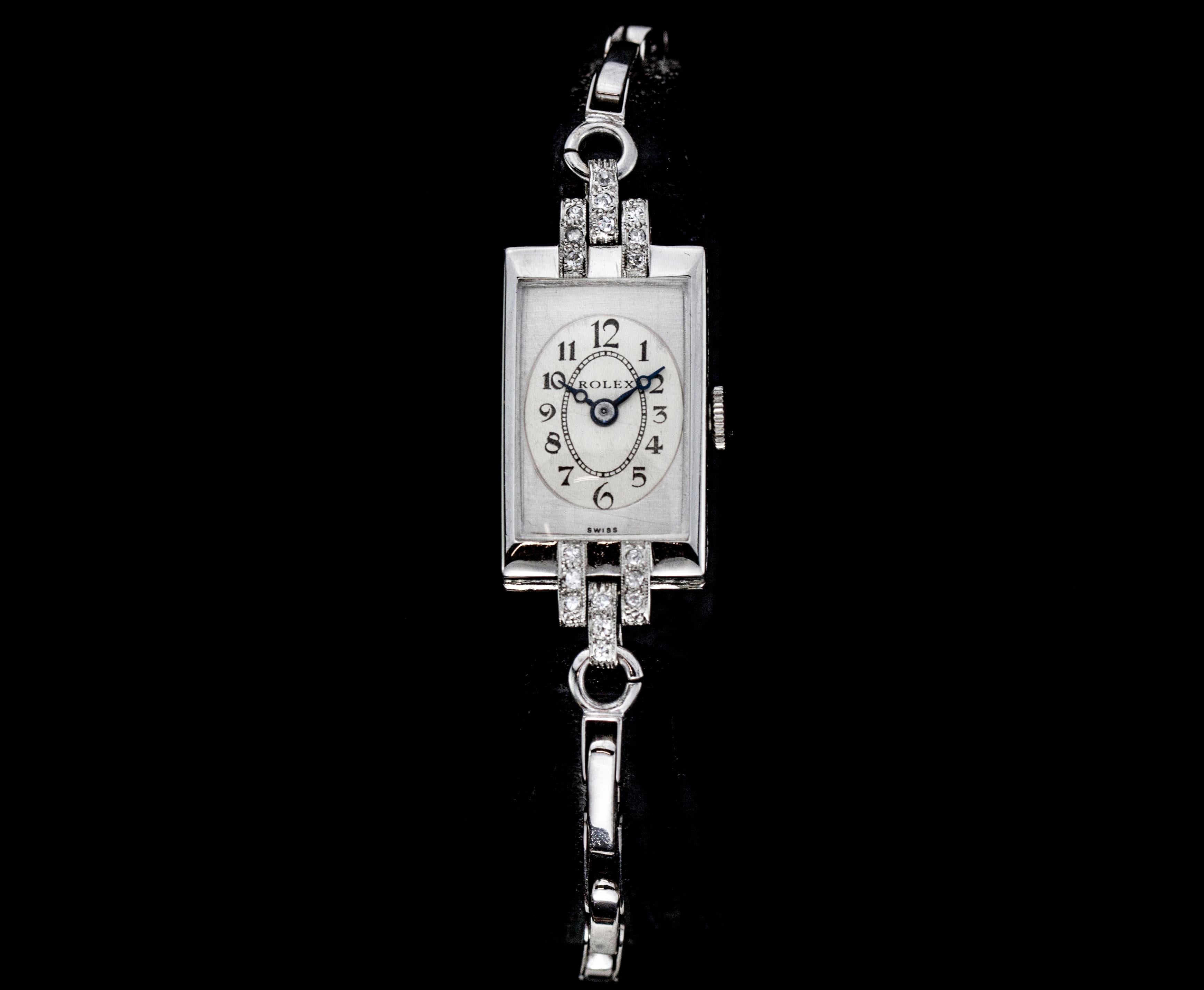 Art Deco platinum ladies Rolex wristwatch, set with diamonds, made in 1930's.
Rolex case hallmarked R.W.C Rolex Watch Company & Platinum.

Gender:	Ladies
Case Width: 15 mm
Movement: Manual Winding
Watchband Material: 950 Platinum
Case material : 950