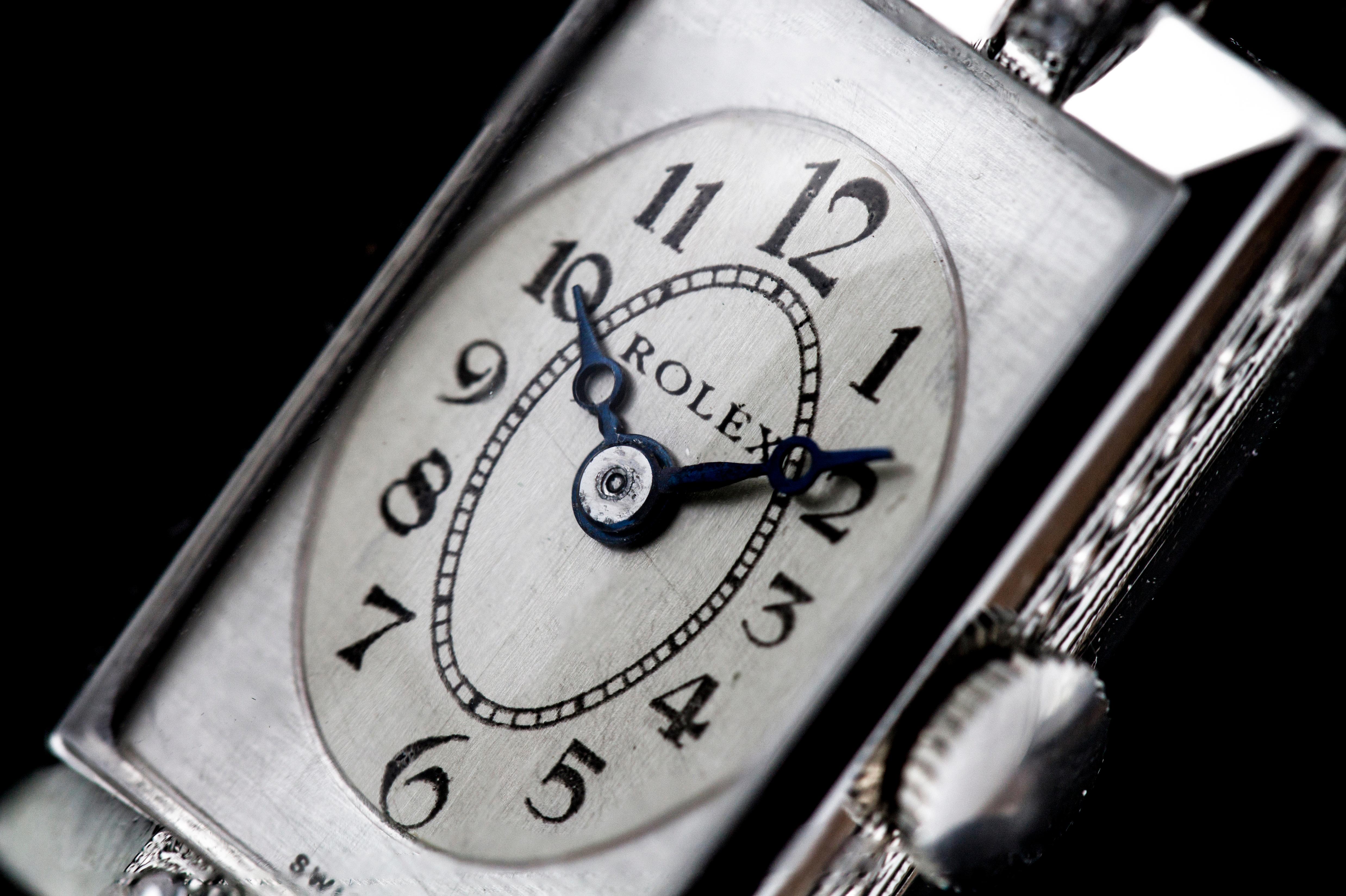 Art Deco Platinum Ladies Rolex Wristwatch, Set with Diamonds, Made in 1930s 1
