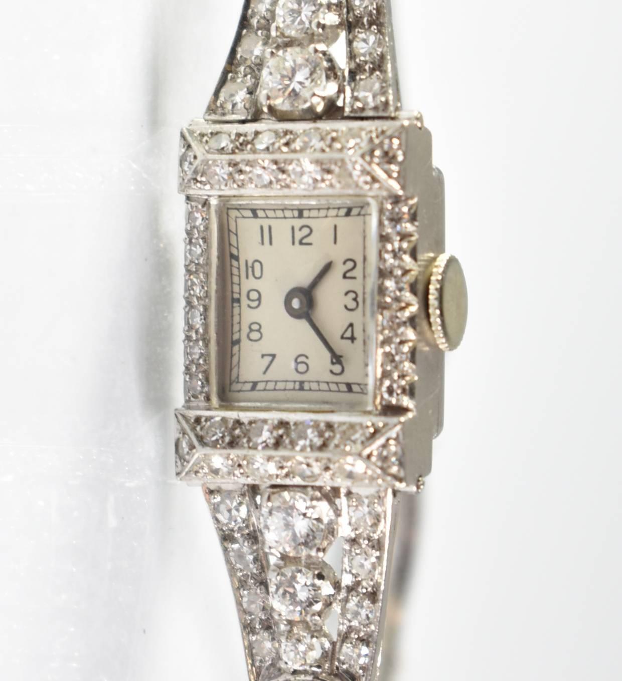 Art Deco Platinum Ladies Wristwatch with Diamonds In Good Condition For Sale In Toledo, OH