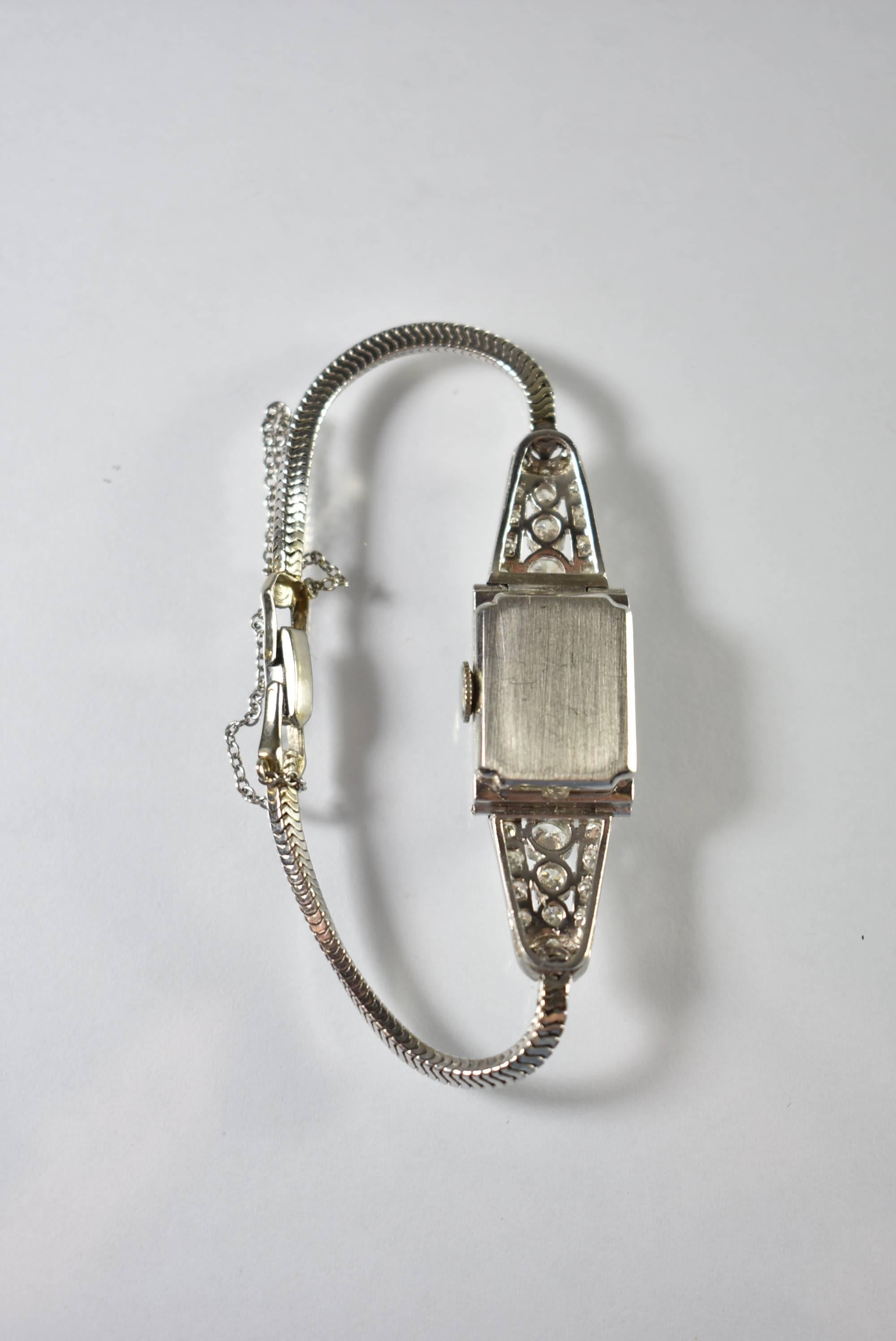 Mid-20th Century Art Deco Platinum Ladies Wristwatch with Diamonds For Sale