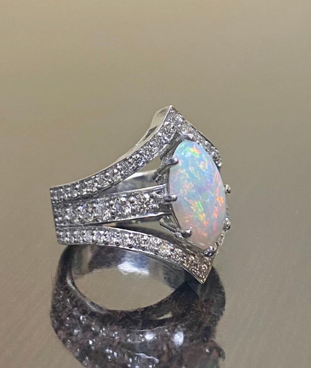 Art Deco Platinum Marquise Coober Pedy Opal Diamond Engagement Ring For Sale 4
