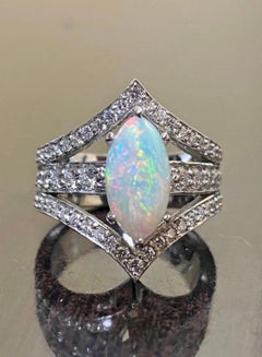 Art Deco Platinum Marquise Coober Pedy Opal Diamond Engagement Ring