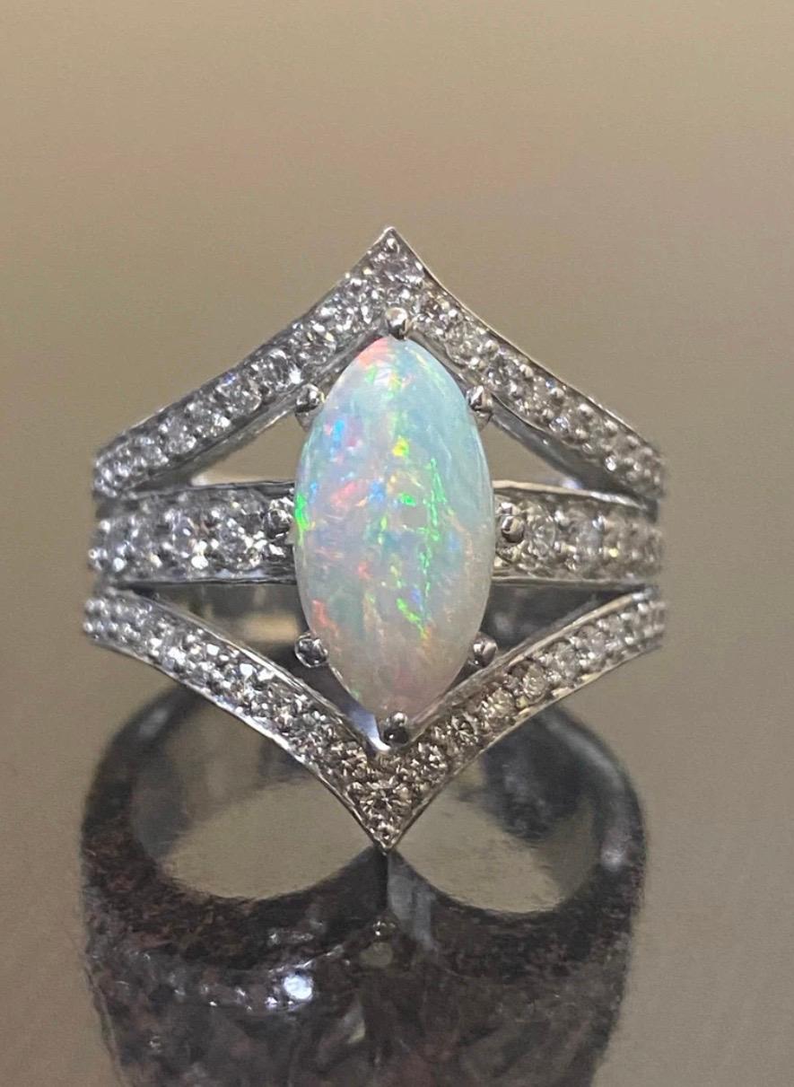 Art Deco Platinum Marquise Coober Pedy Opal Diamond Engagement Ring For Sale 1