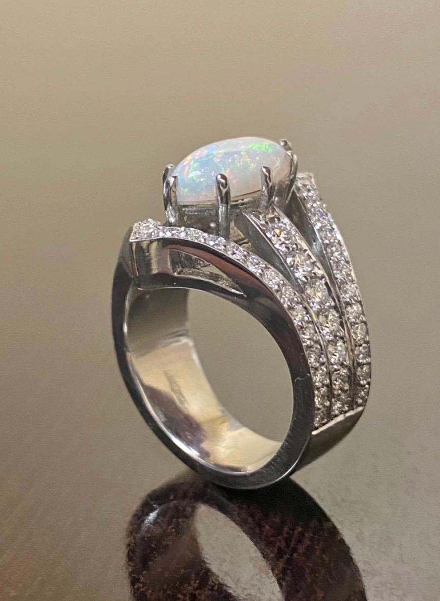 Art Deco Platinum Marquise Coober Pedy Opal Diamond Engagement Ring For Sale 2