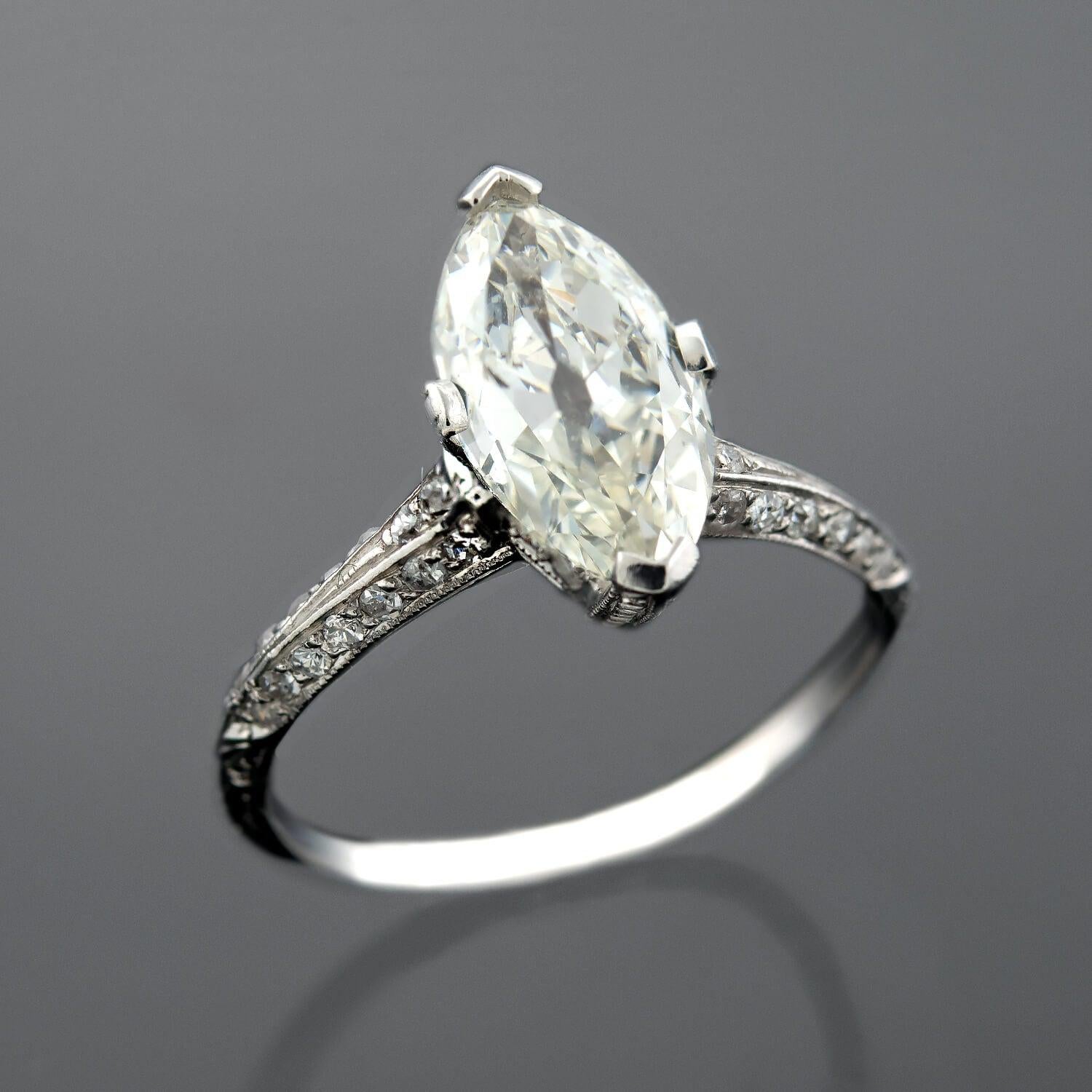 Marquise Cut Art Deco Platinum Marquise Diamond Engagement Ring 2.03ct