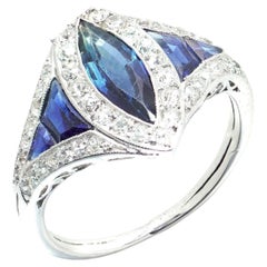Art Deco Platinum Marquise Sapphire and Diamond Ring, Calibré Sapphire Shoulders