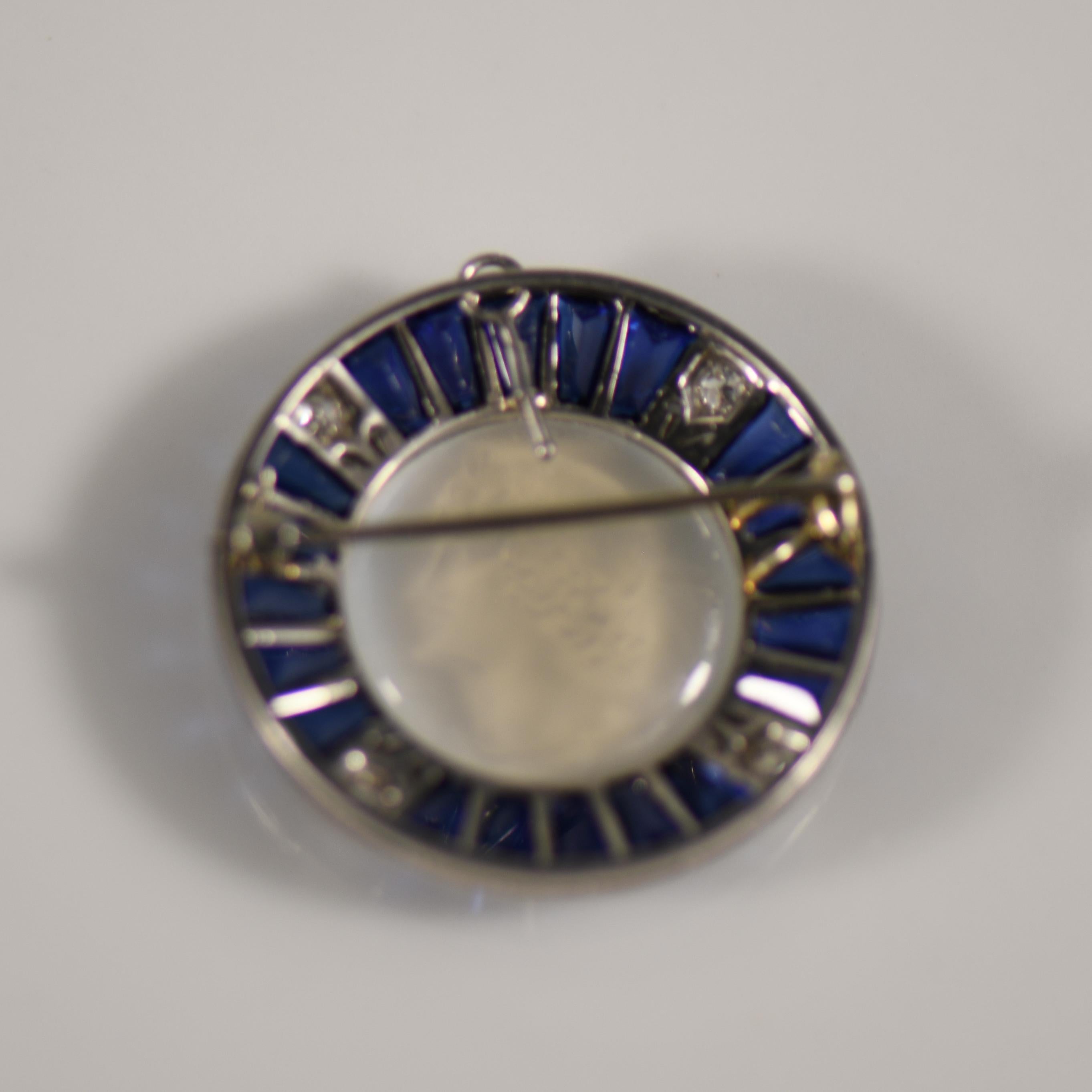 Round Cut Art Deco Platinum Moonstone Cameo W/ Synthetic Sapphires For Sale