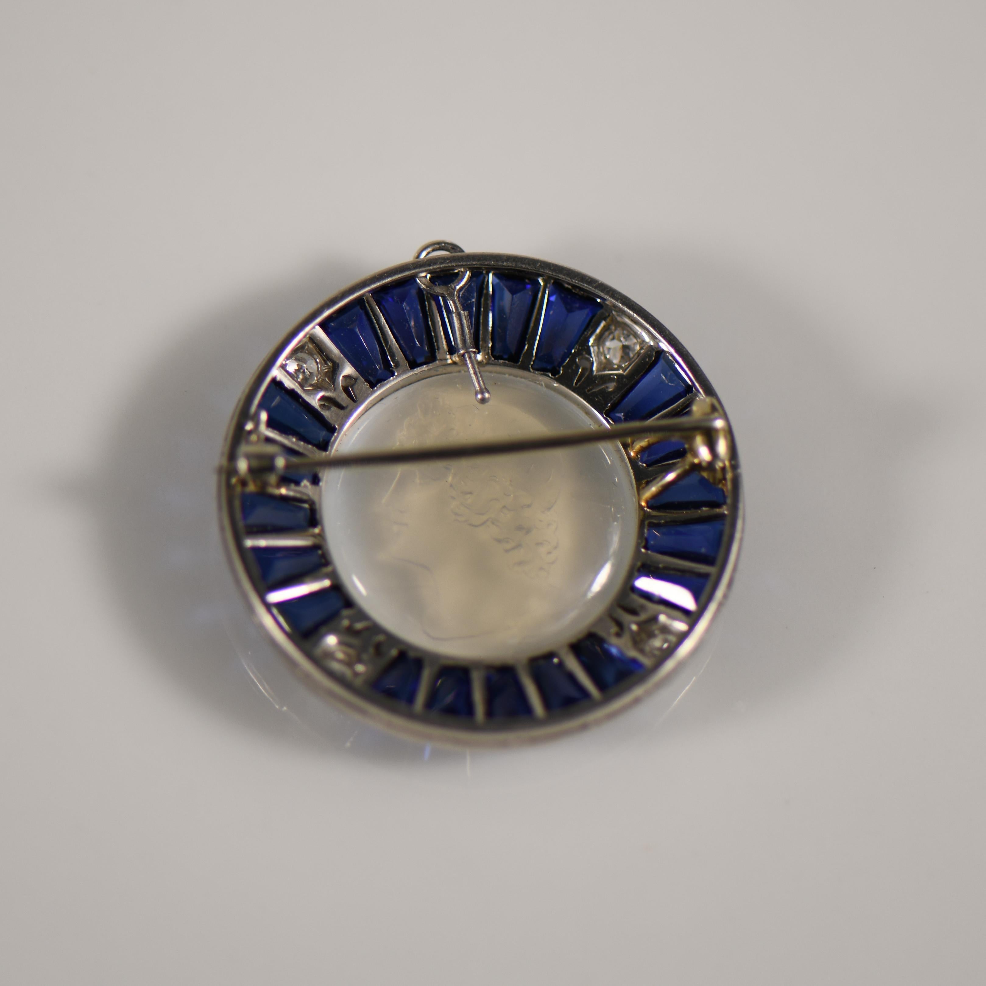 Art Deco Platinum Moonstone Cameo W/ Synthetic Sapphires In Good Condition For Sale In Addison, TX
