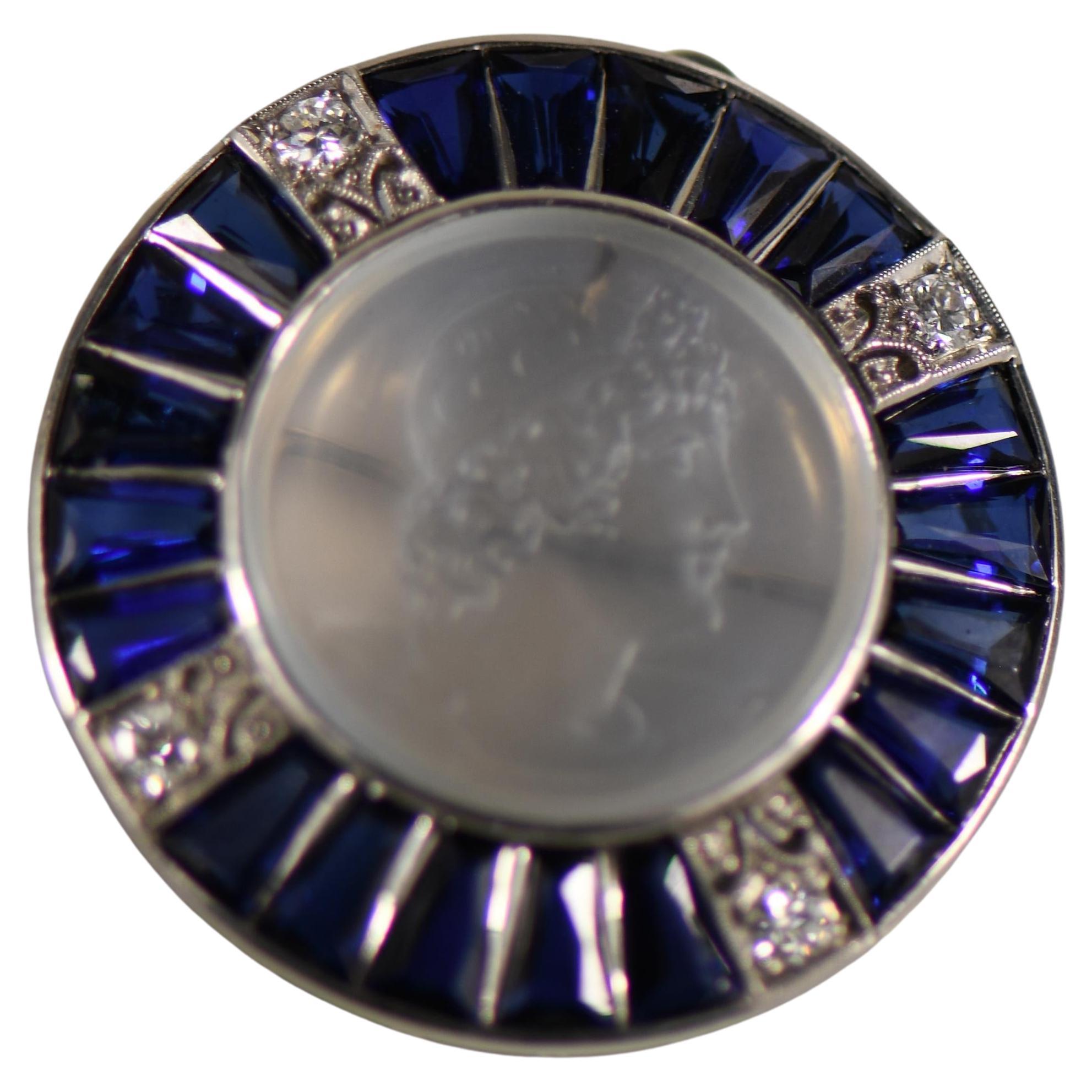 Art Deco Platinum Moonstone Cameo W/ Synthetic Sapphires For Sale